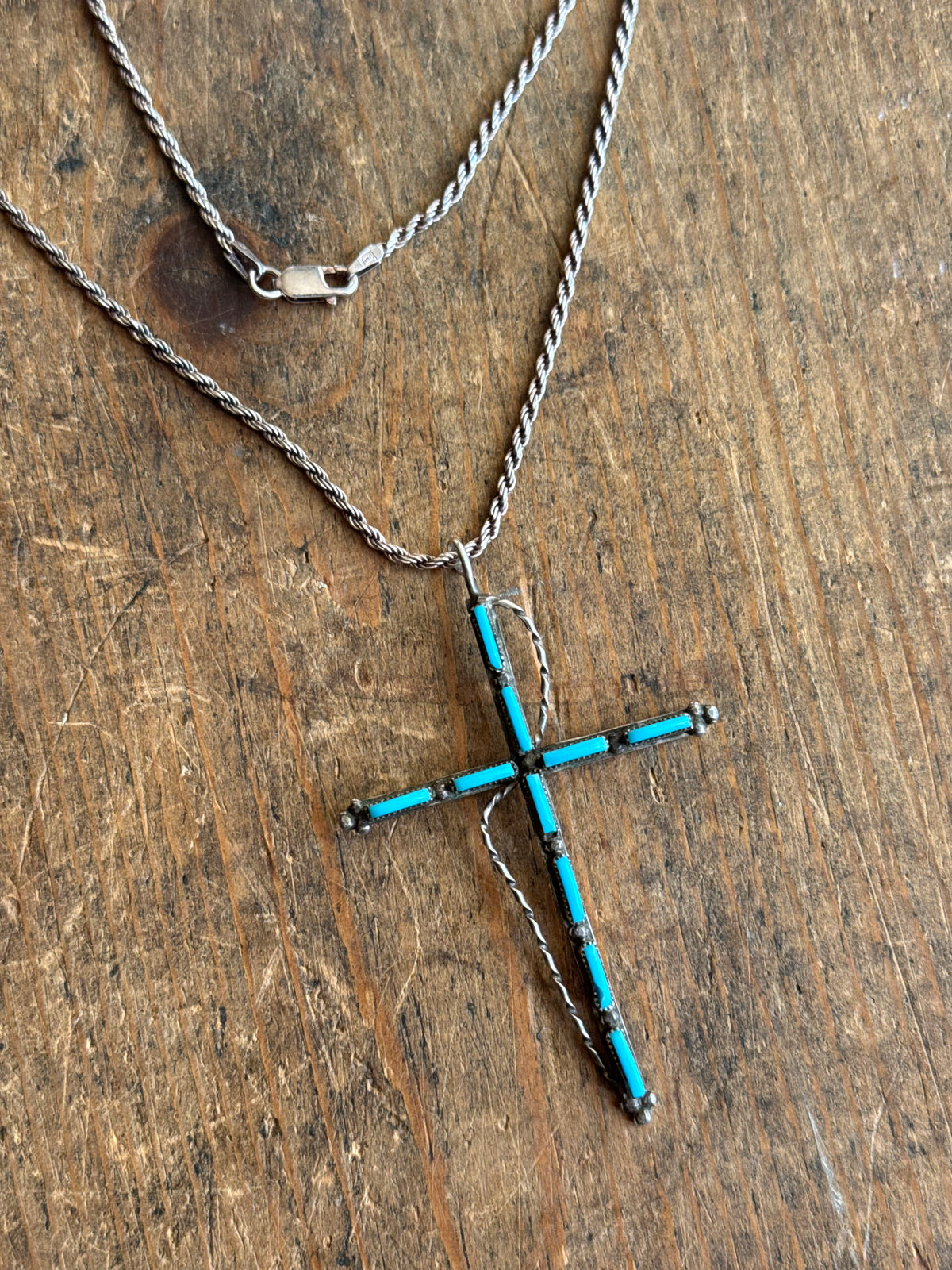 Vintage Sterling Silver Petit Point Turquoise Cross Necklace