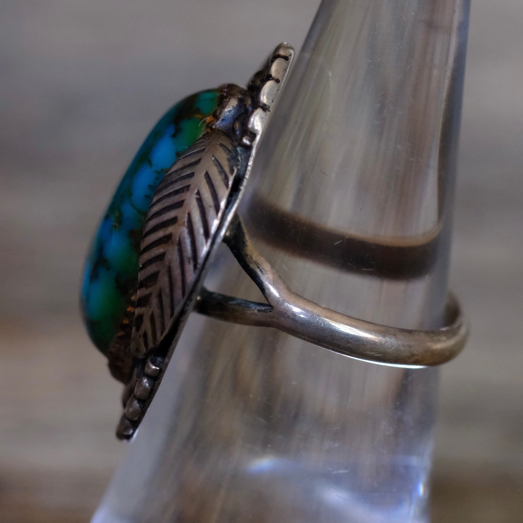 Vintage Sterling Turquoise Feather Roper Ring 4.75