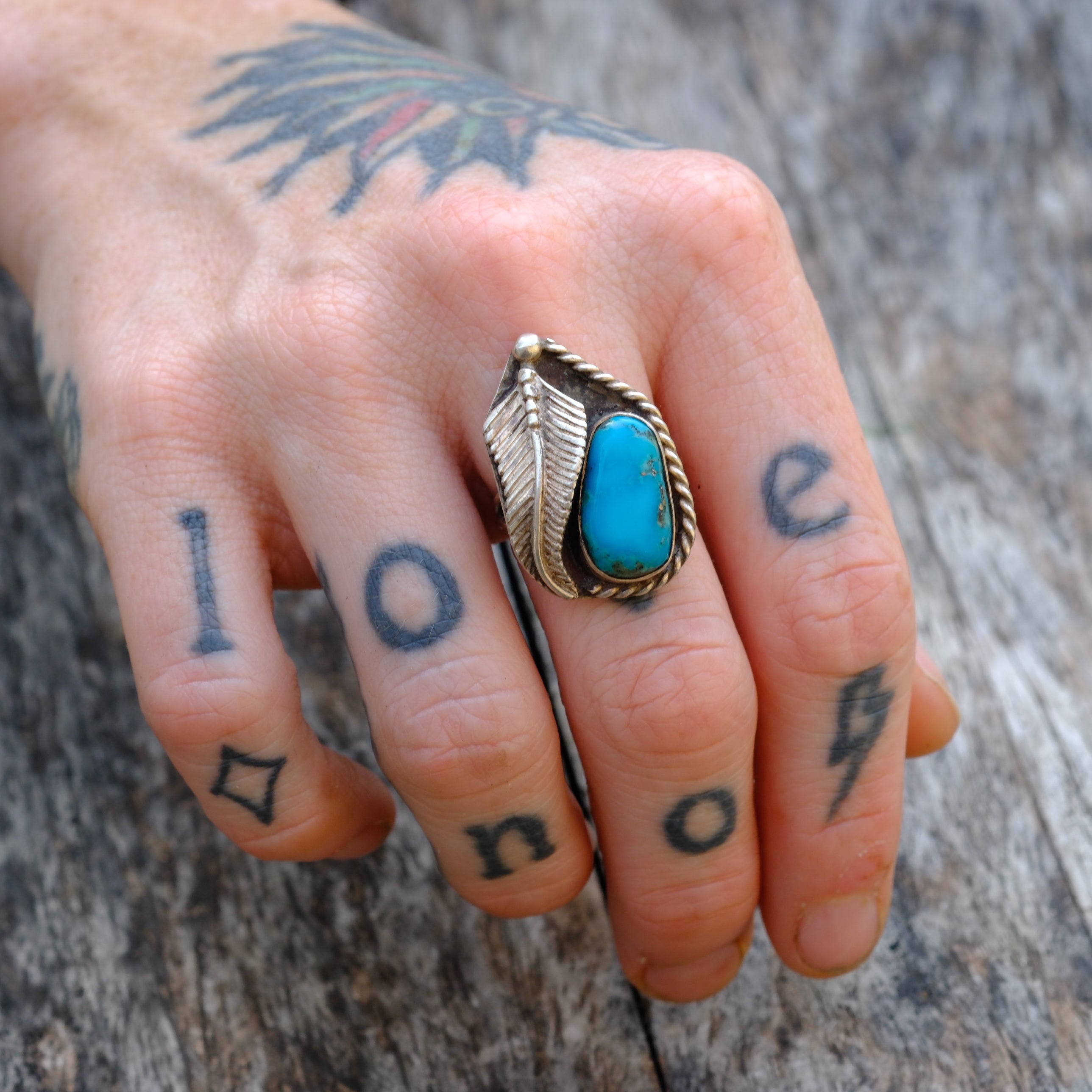Vintage Sterling Turquoise Feather Ring 6.5