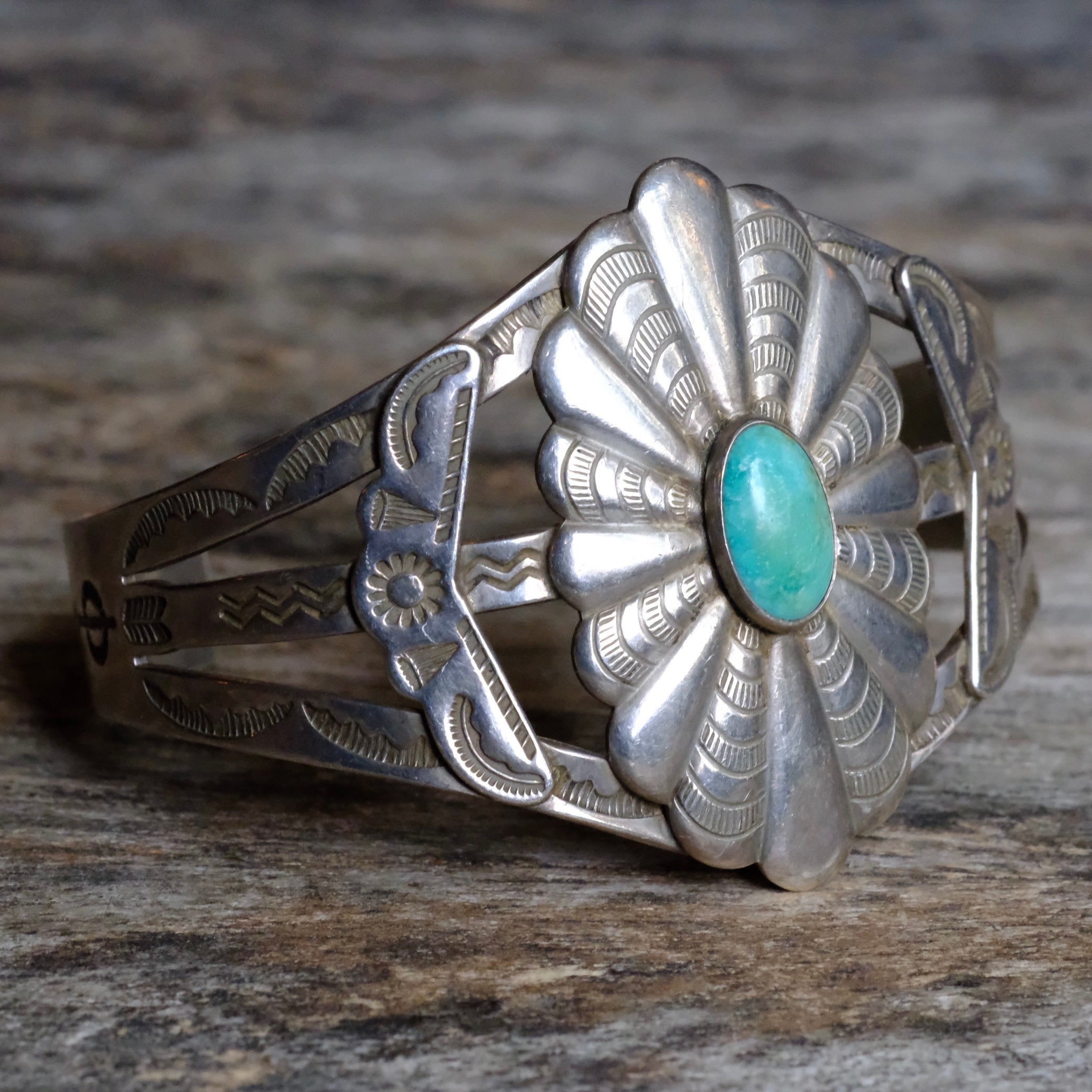 Vintage Sterling Silver Turquoise Trading Post Cuff