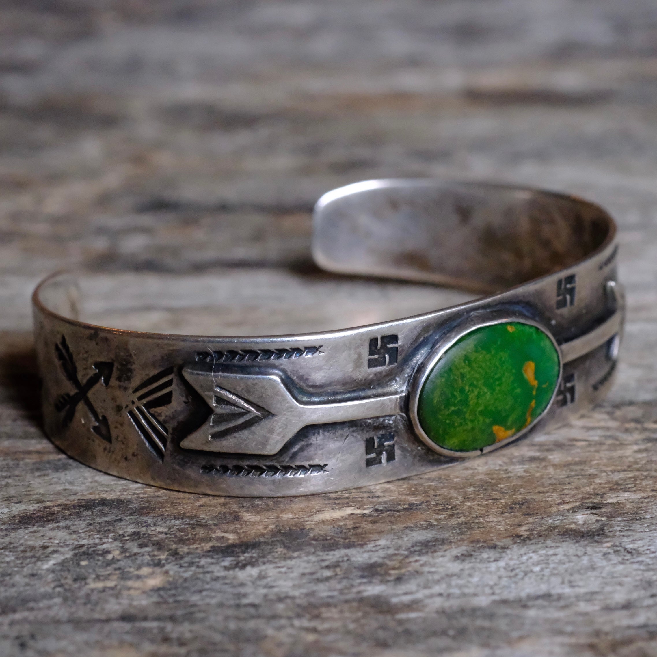 RARE 1930’s Fred Harvey Era Vintage Sterling Turquoise Whirling Log Cuff Bracelet