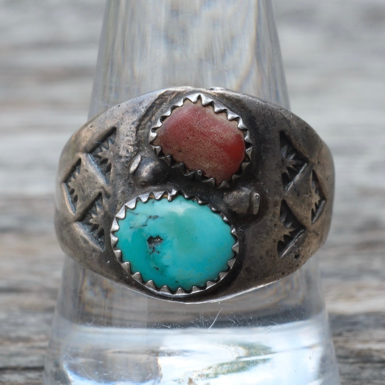 Vintage Sterling Turquoise and Coral Ring 11.5