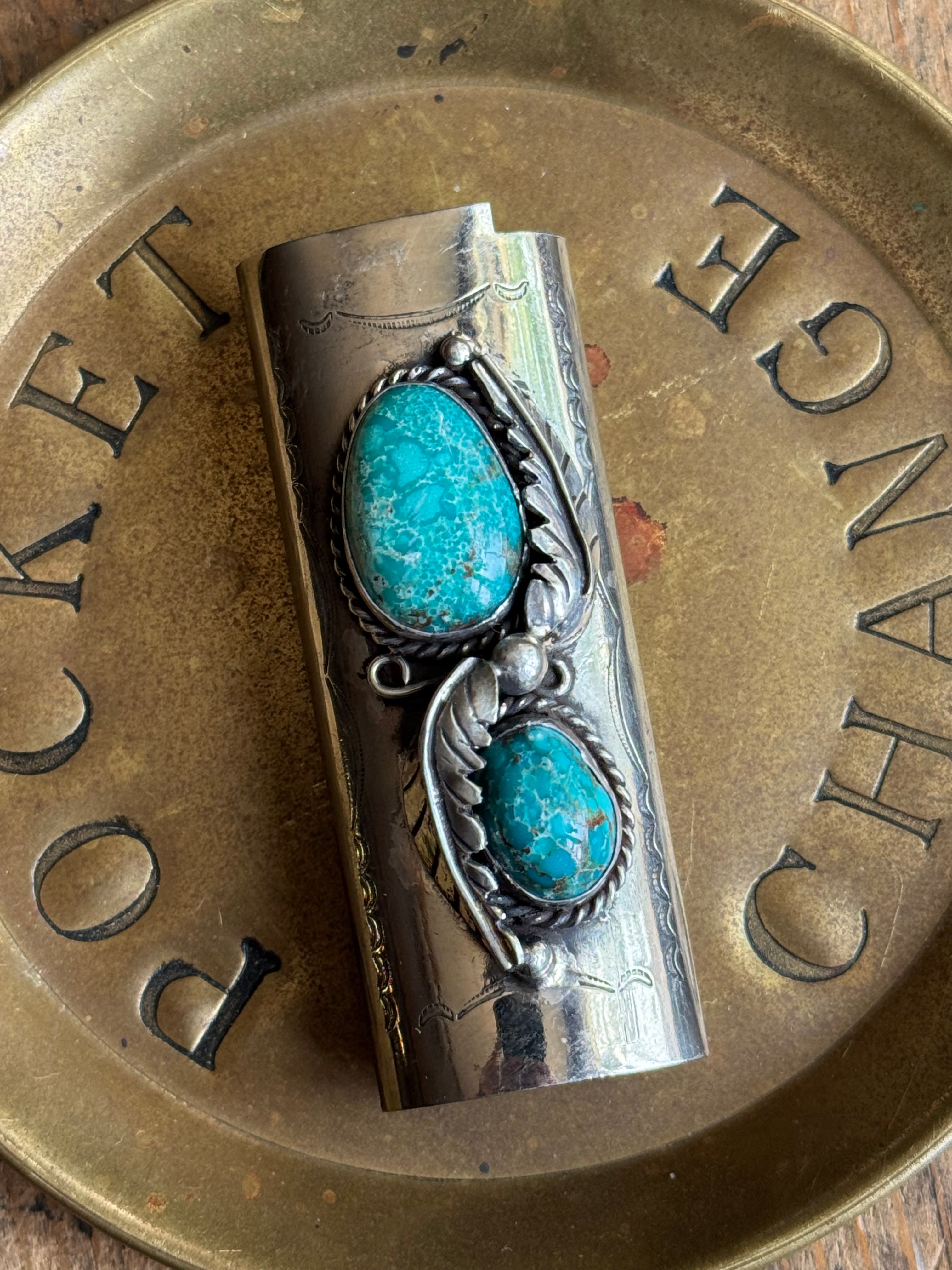 Vintage Stamped Nickel & Sterling Silver Turquoise Lighter Case