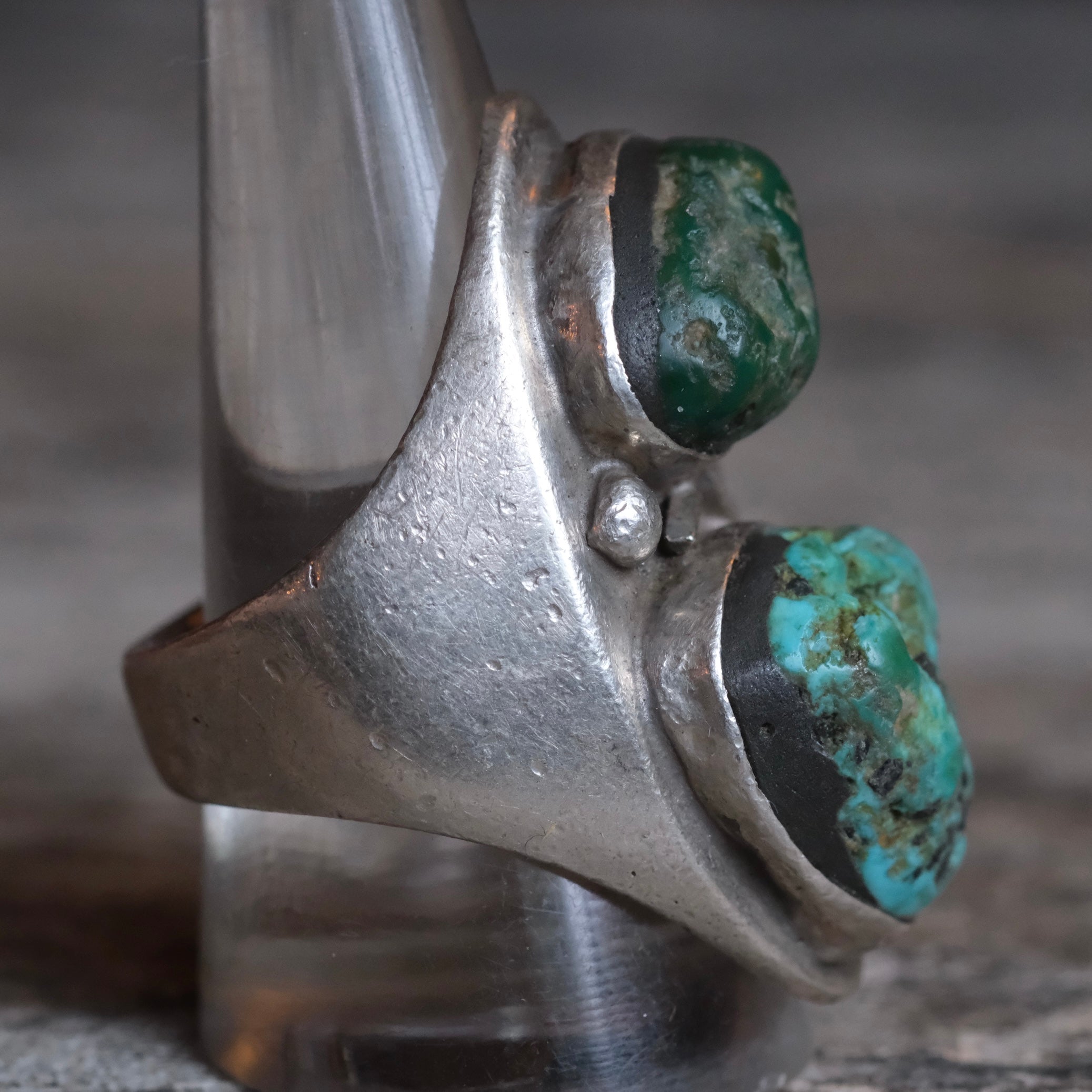 Older Vintage Sterling 2-Stone Turquoise Ring 10.75