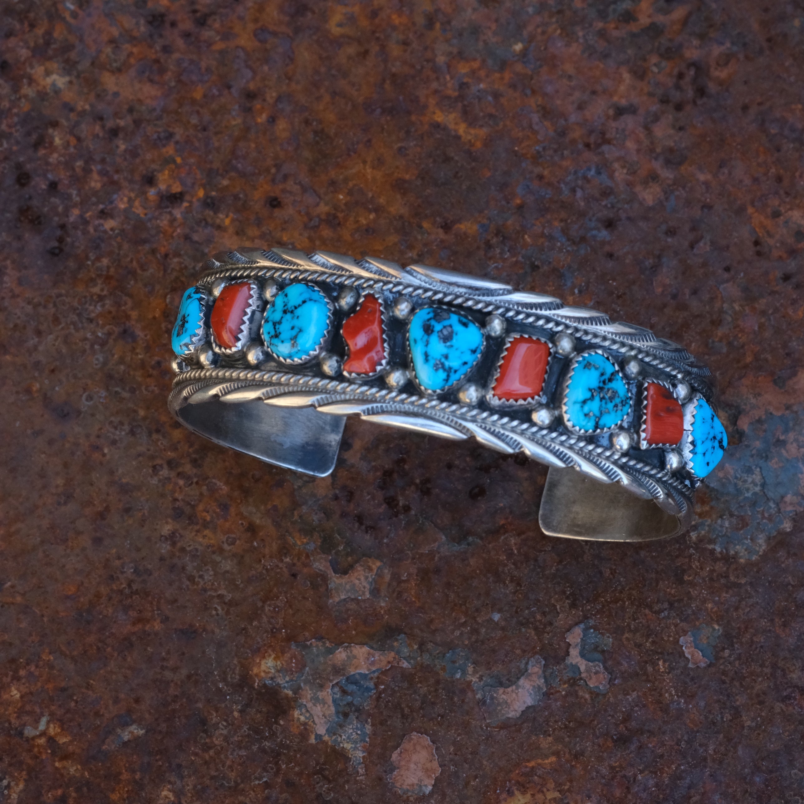 Large Vintage Sterling Turquoise and Coral Cuff Bracelet