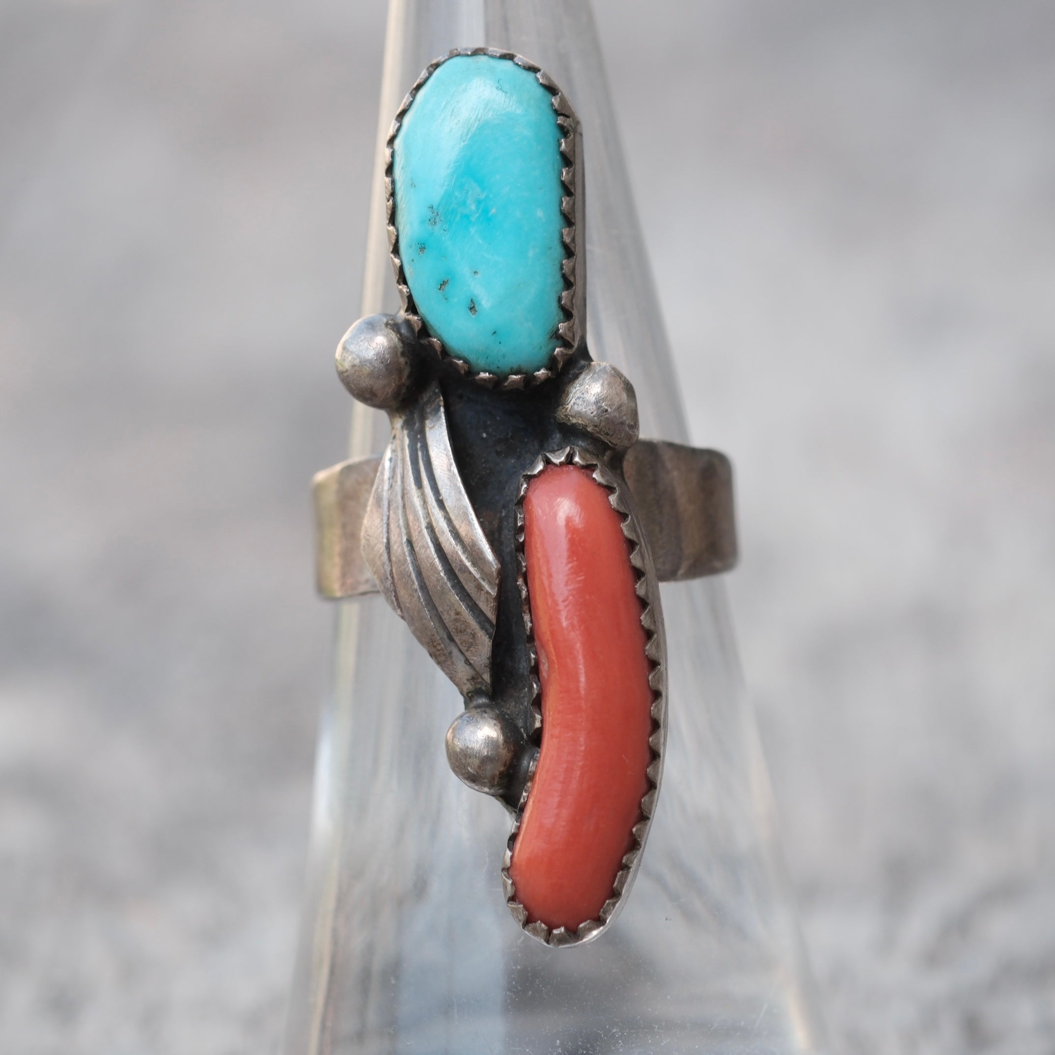 Vintage Sterling Turquoise and Coral Feather Ring 6