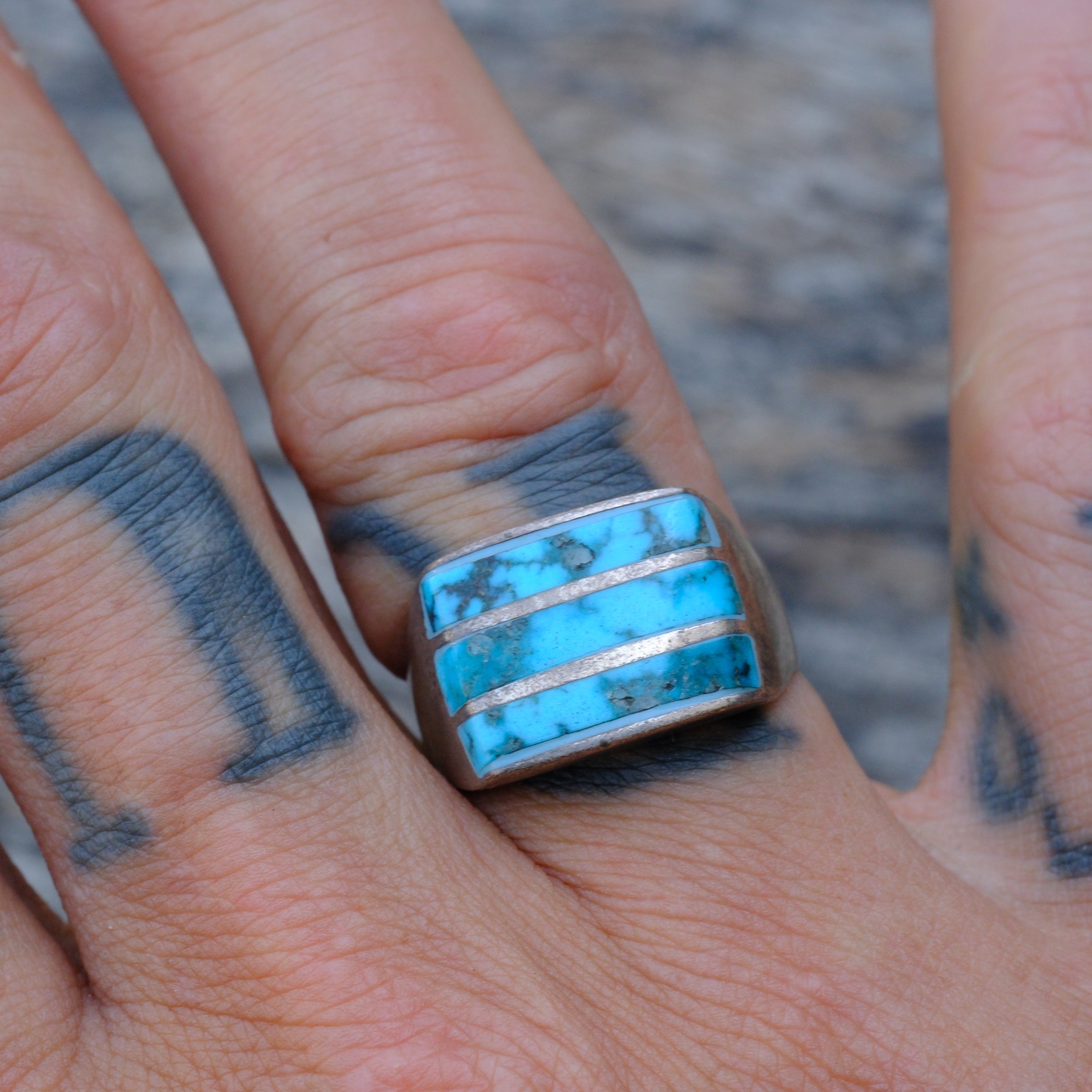 Vintage Sterling Turquoise Inlay Striper Ring 8.75