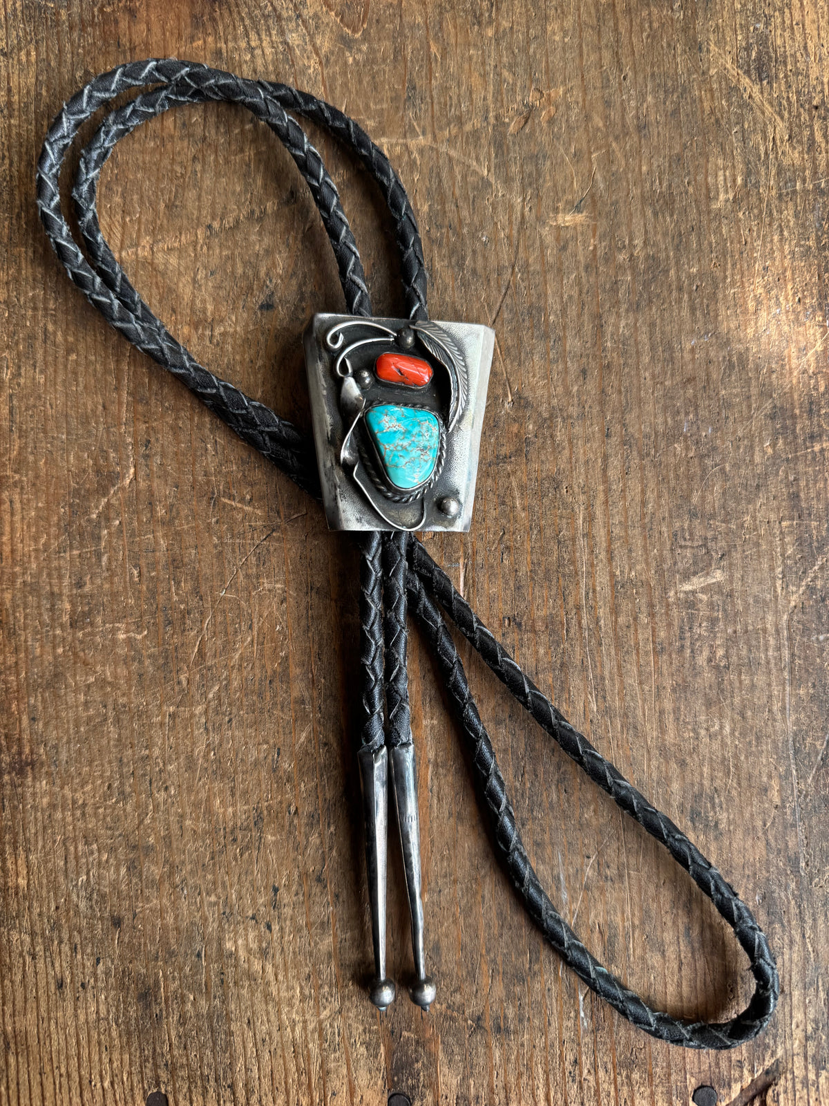 Vintage Sterling Silver Turquoise & Coral Leaf Shield Bolo