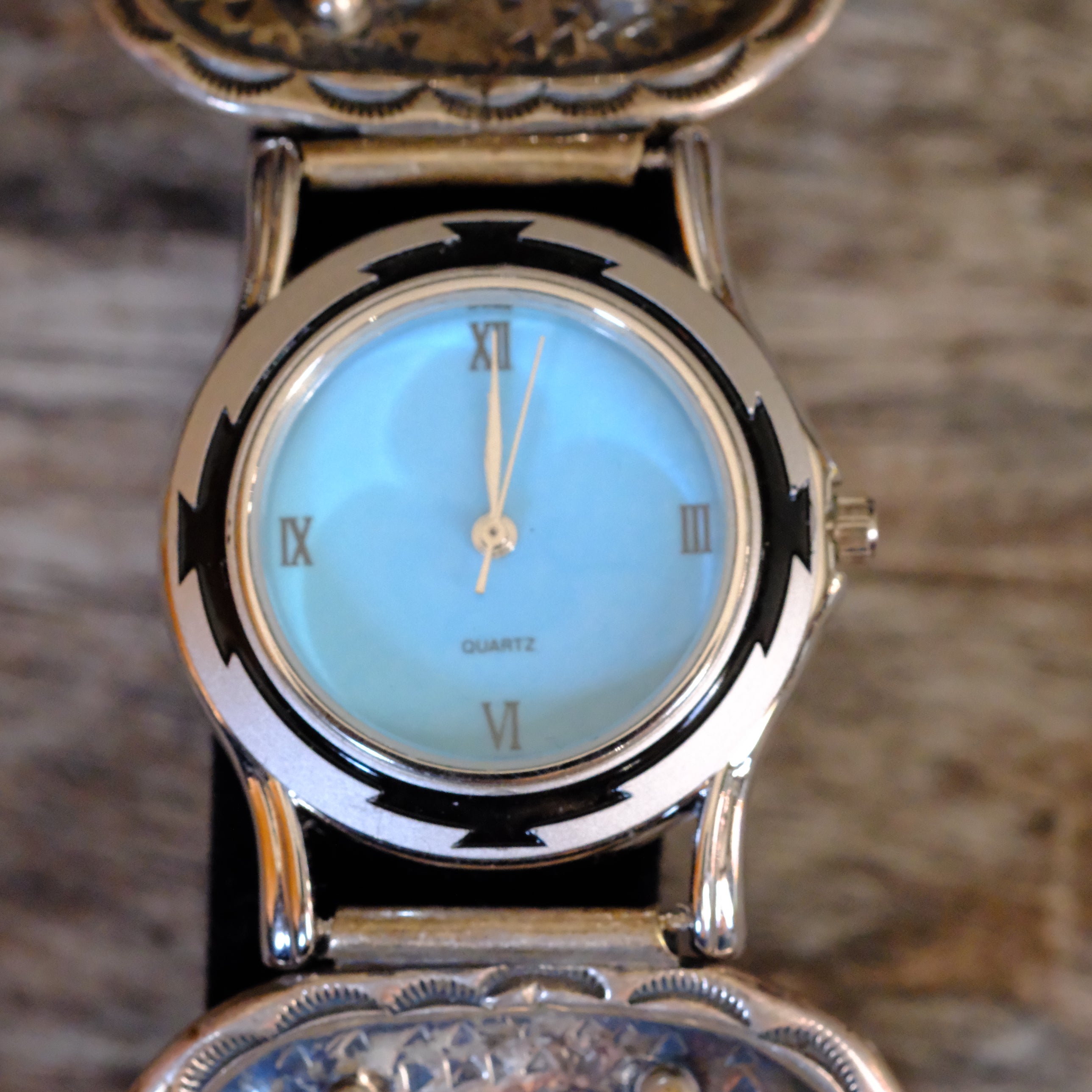 Vintage Sterling Turquoise Feather Watch With Turquoise Dial