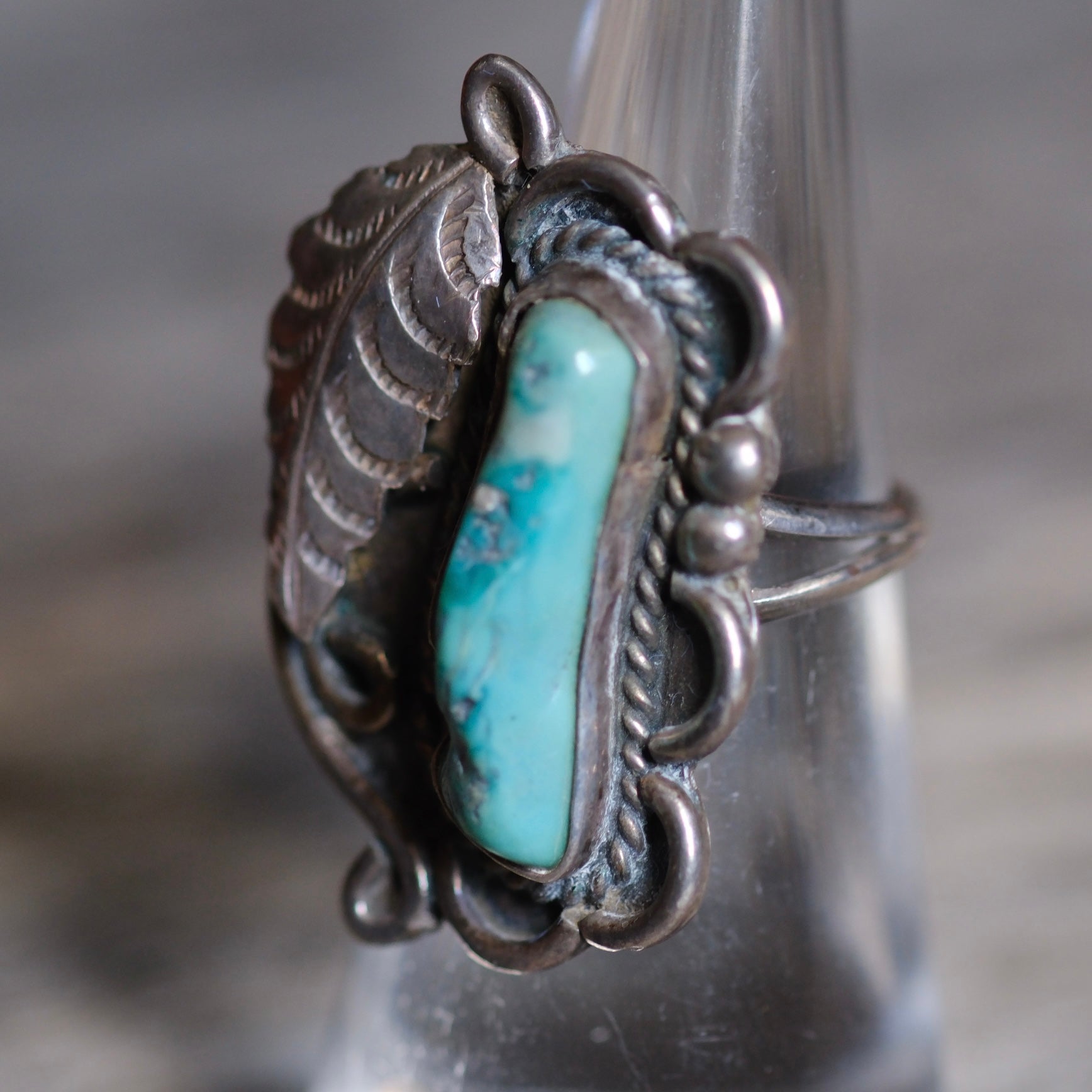 Vintage Sterling Turquoise Feather Ring 6
