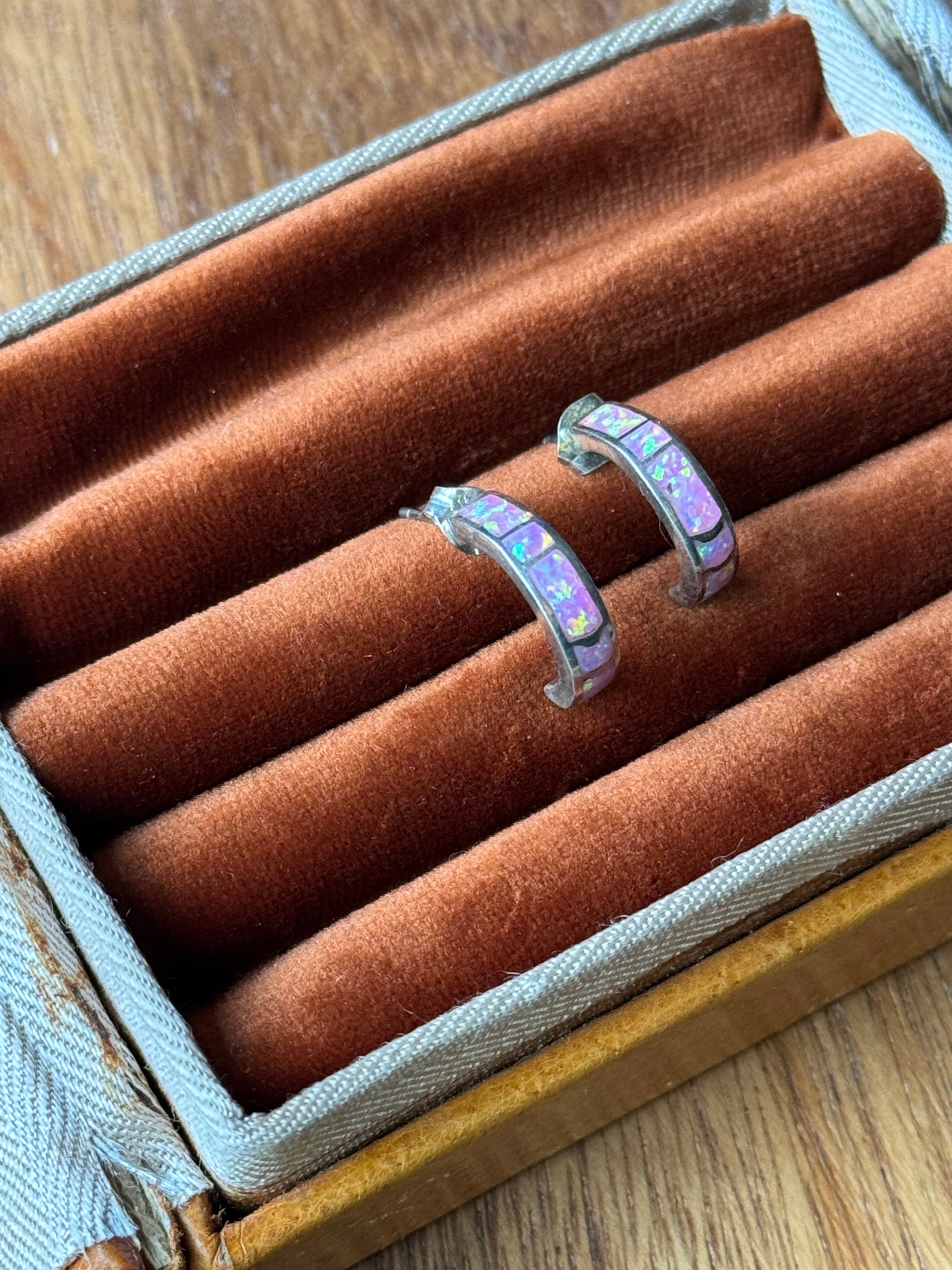 Vintage Sterling Silver Pink Opal Half Hoops