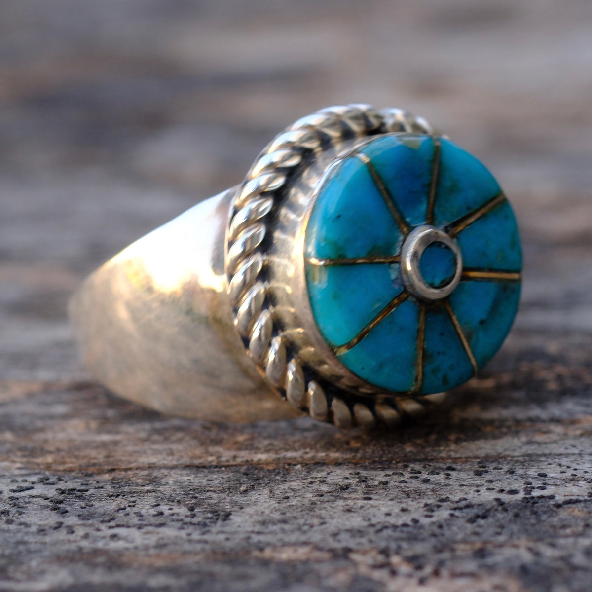 Vintage Sterling Turquoise Inlay Pinwheel Ring 8