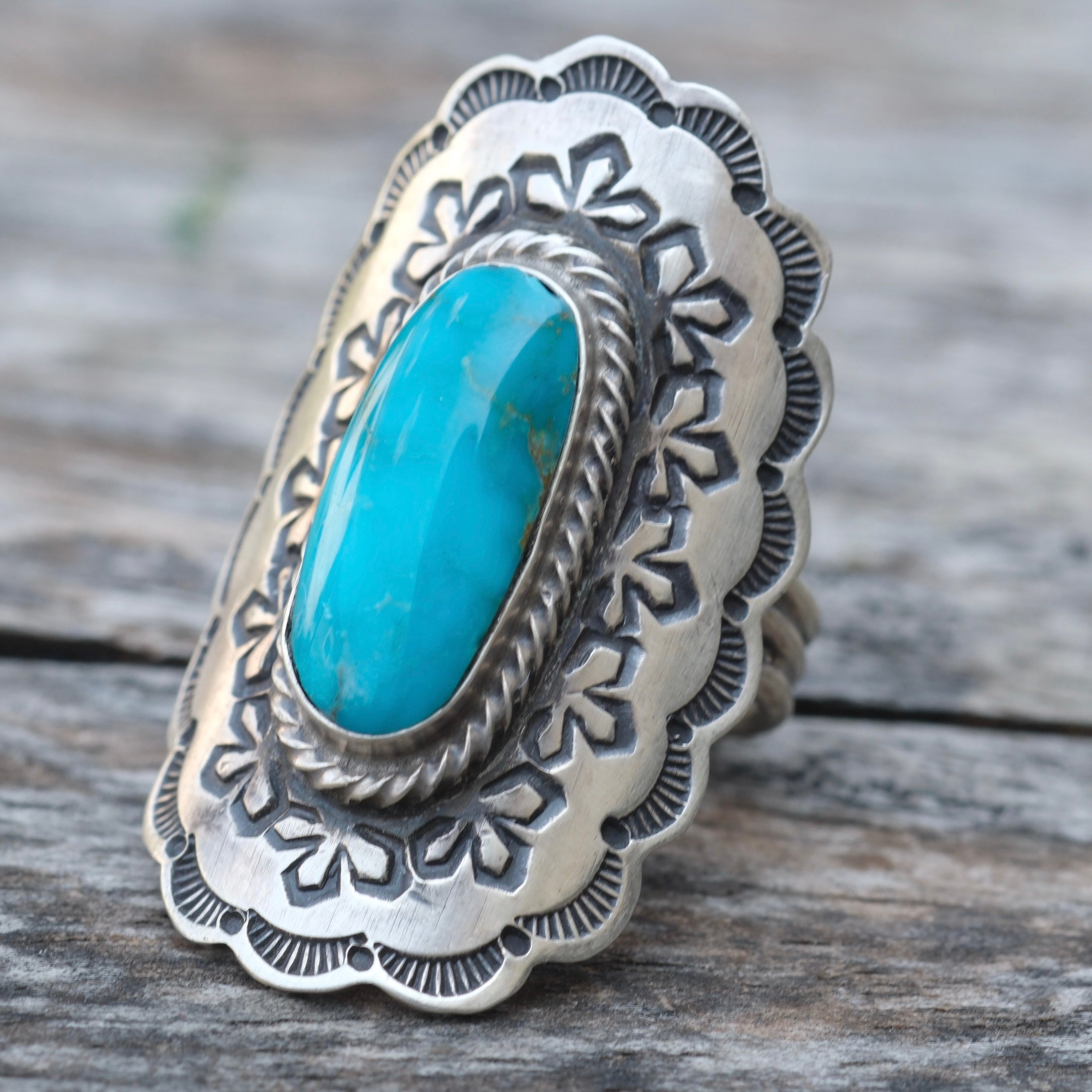 Vintage Sterling Running Bear Turquoise Stamped Ring 8
