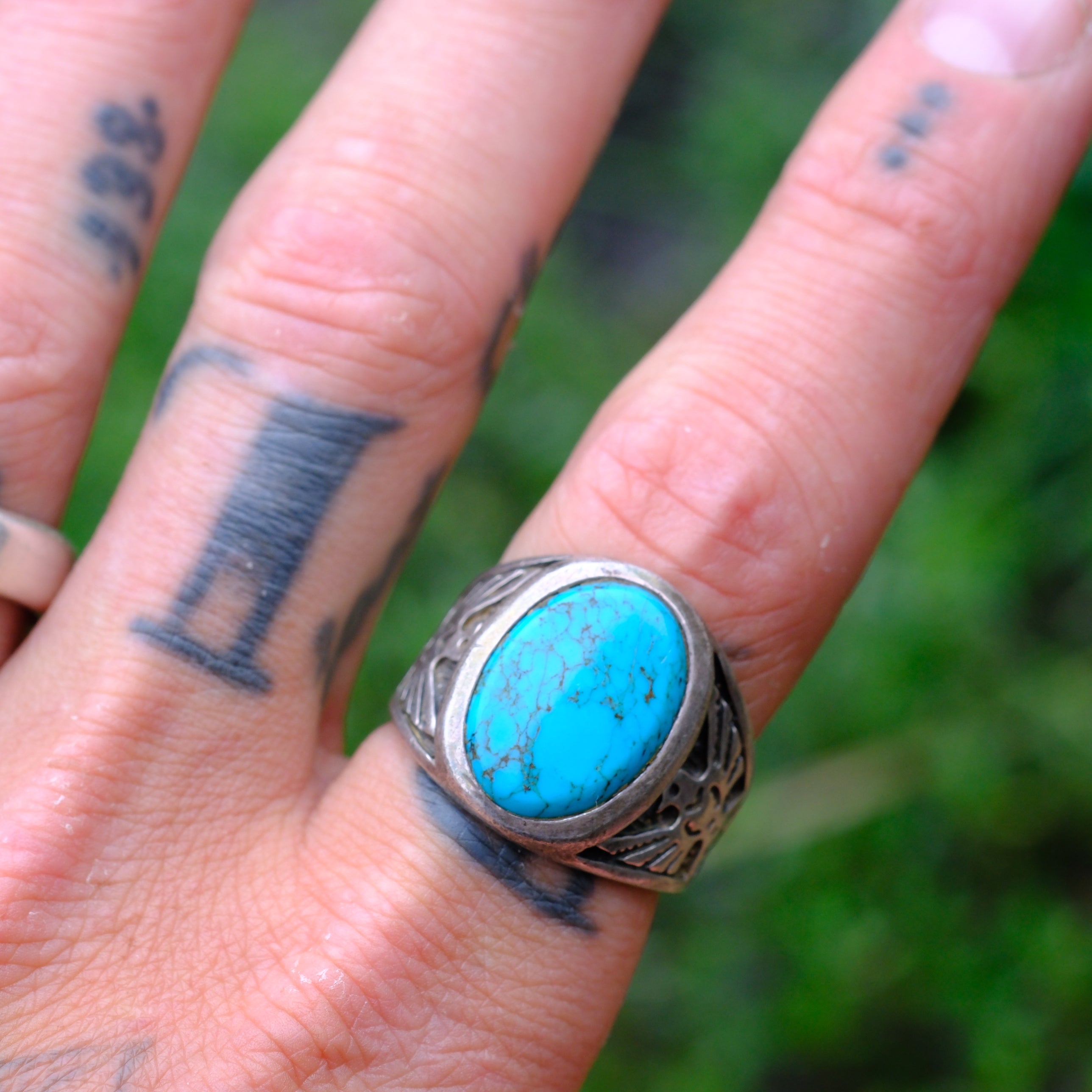Vintage Sterling Turquoise Thunderbird Ring 9.5