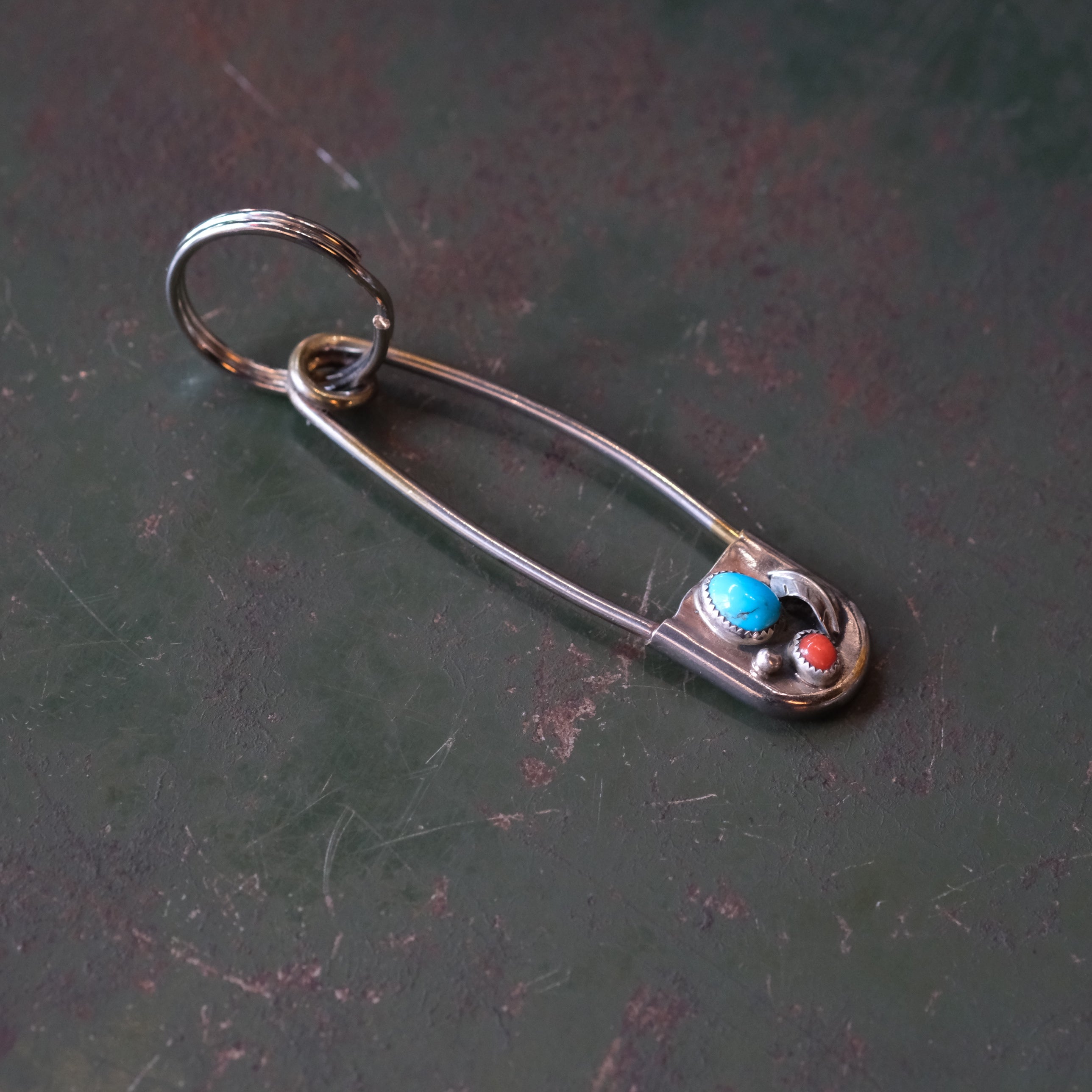 Vintage Turquoise and Coral Safety Pin Keychain 3"