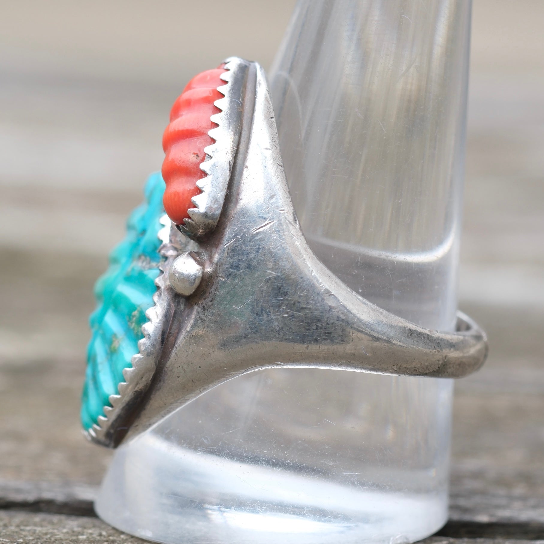 Vintage Sterling Faceted Turquoise and Coral Ring 11