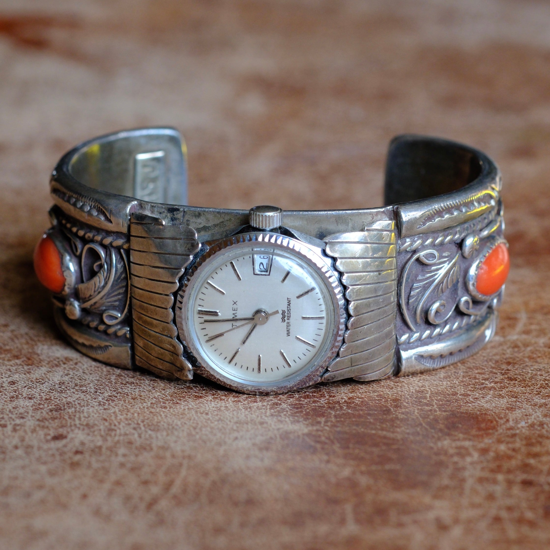 Vintage Sterling Coral Watch Cuff Bracelet