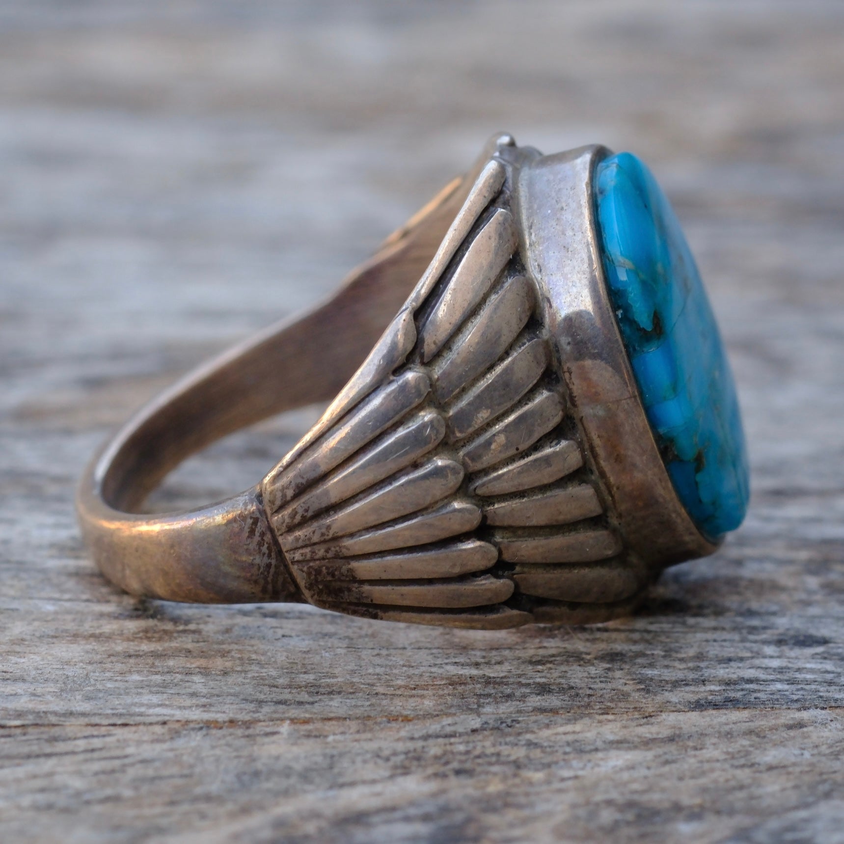 Vintage Sterling Turquoise Inlay Ribbed Band Ring 11.5