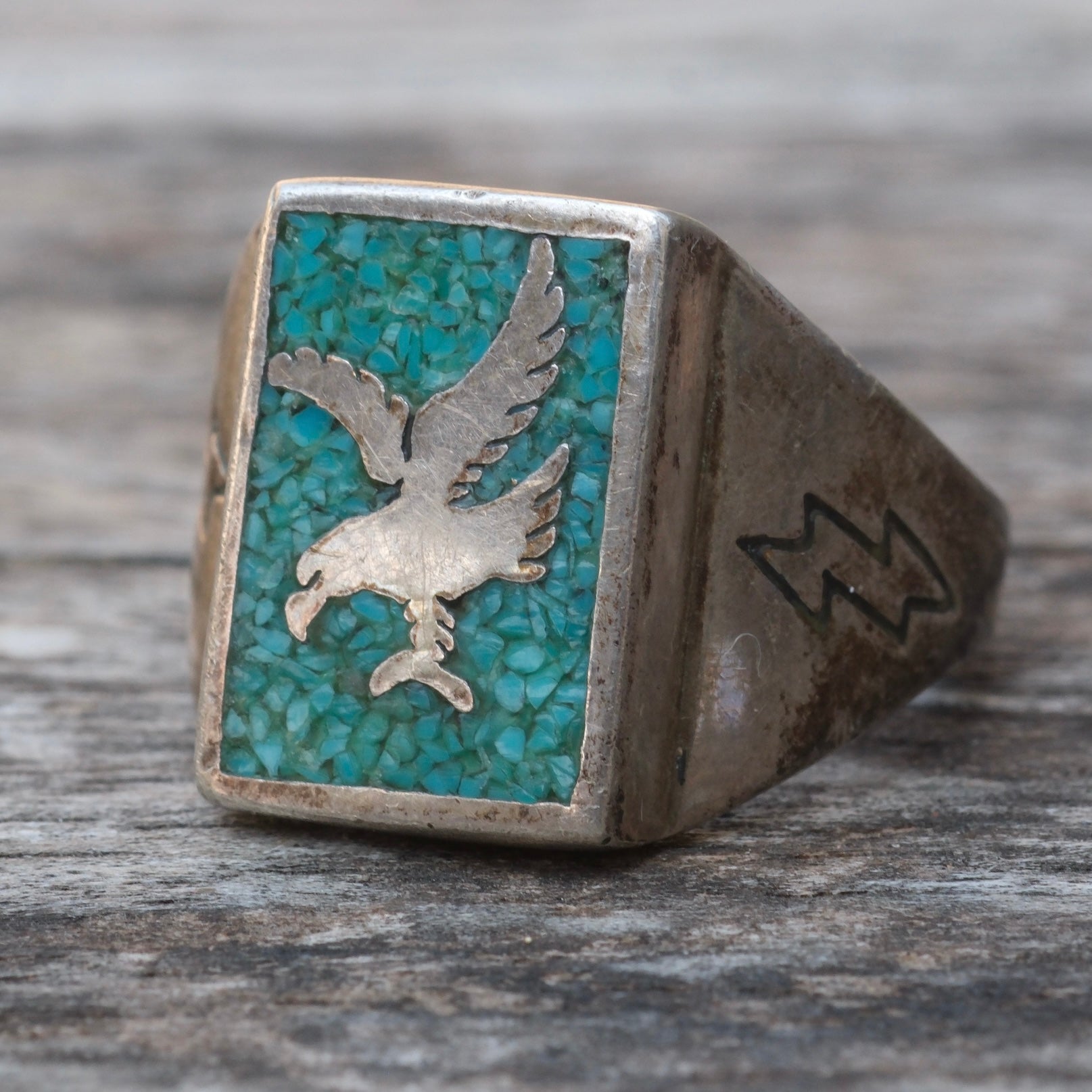 Vintage Sterling Crushed Turquoise Eagle Ring 9.75
