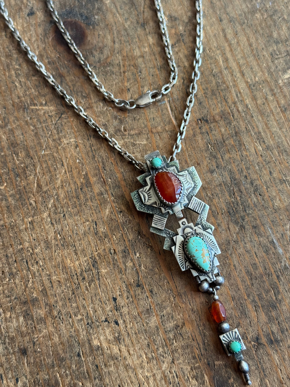 Vintage Sterling Silver Carnelian & Turquoise Stamped Totem necklace