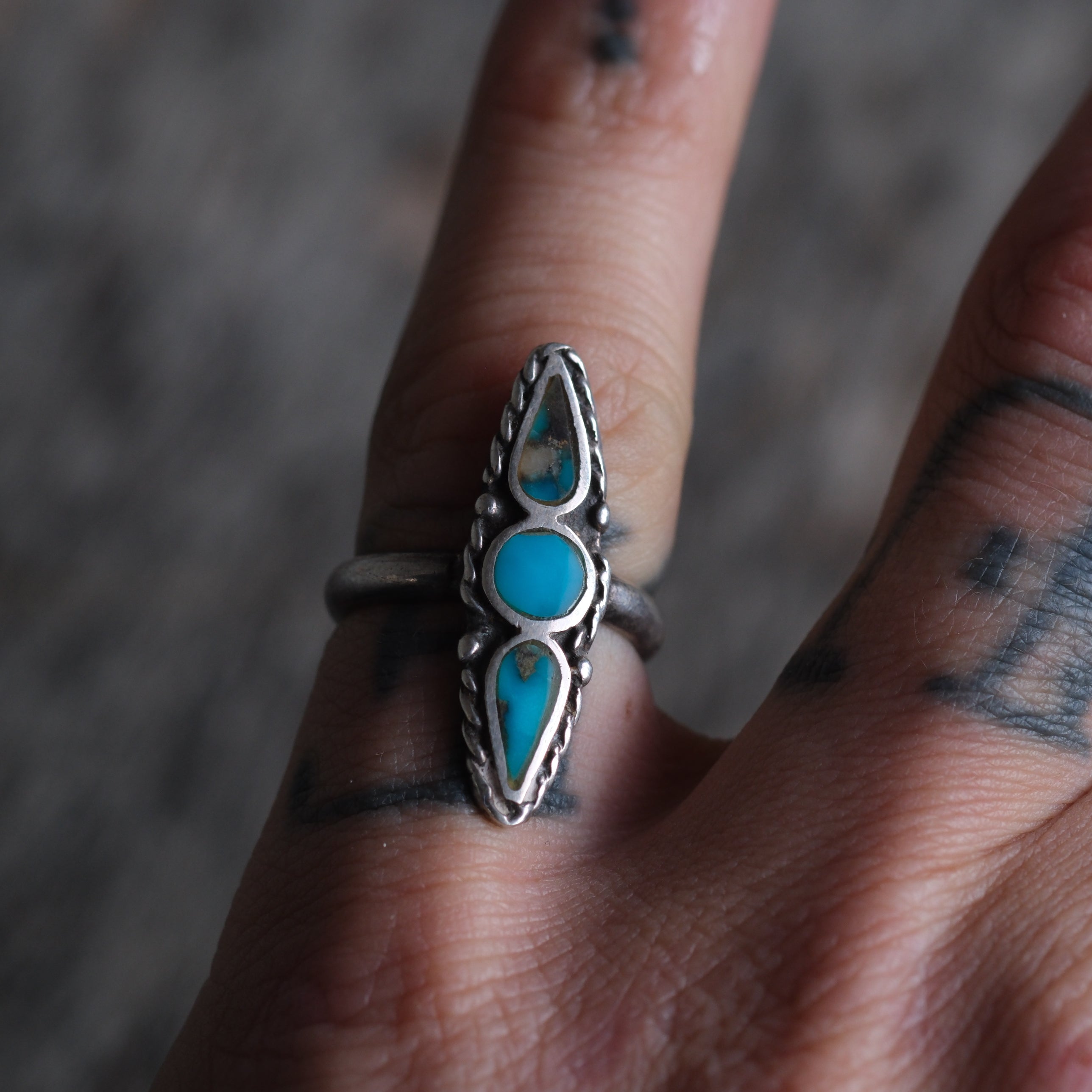 Vintage Sterling Turquoise Inlay Roper Ring 5