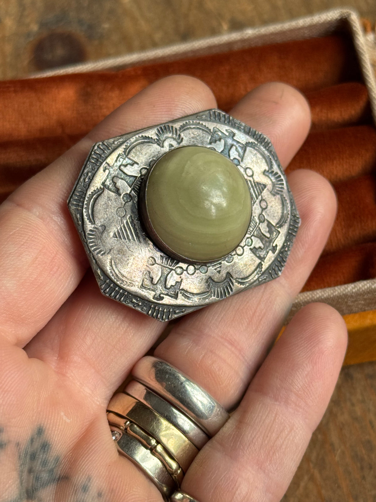 Vintage Sterling Silver Jasper Stamped Thunderbird Pin