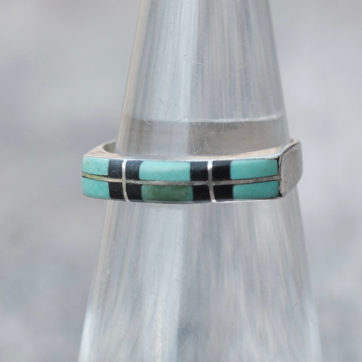 Vintage Sterling Turquoise and Onyx Inlay Band Ring 4