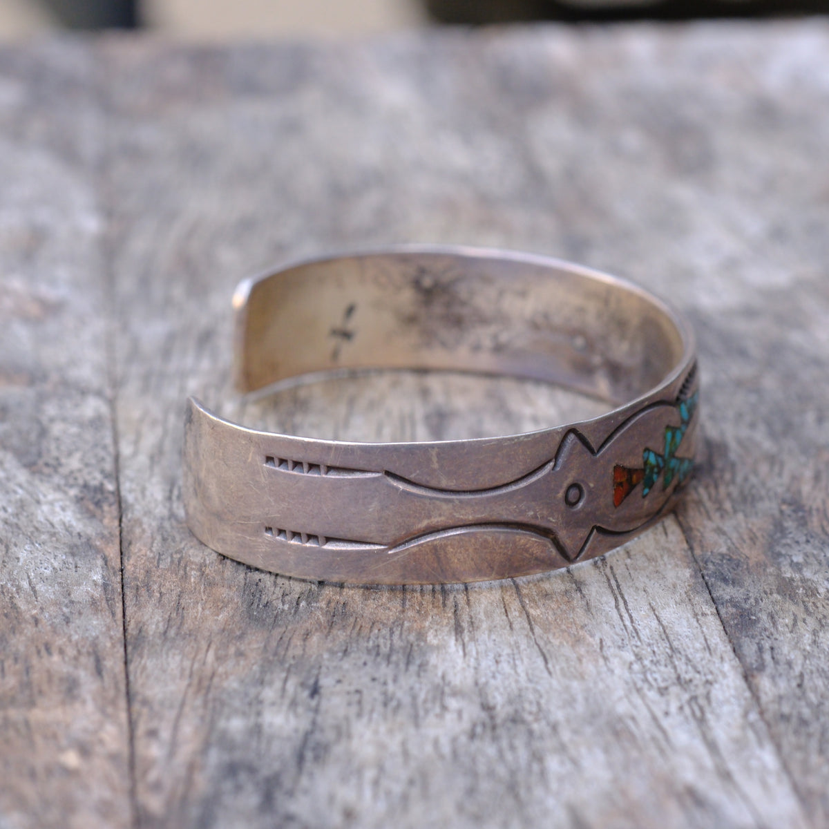 Vintage Sterling Turquoise and Coral Inlay Cuff Bracelet