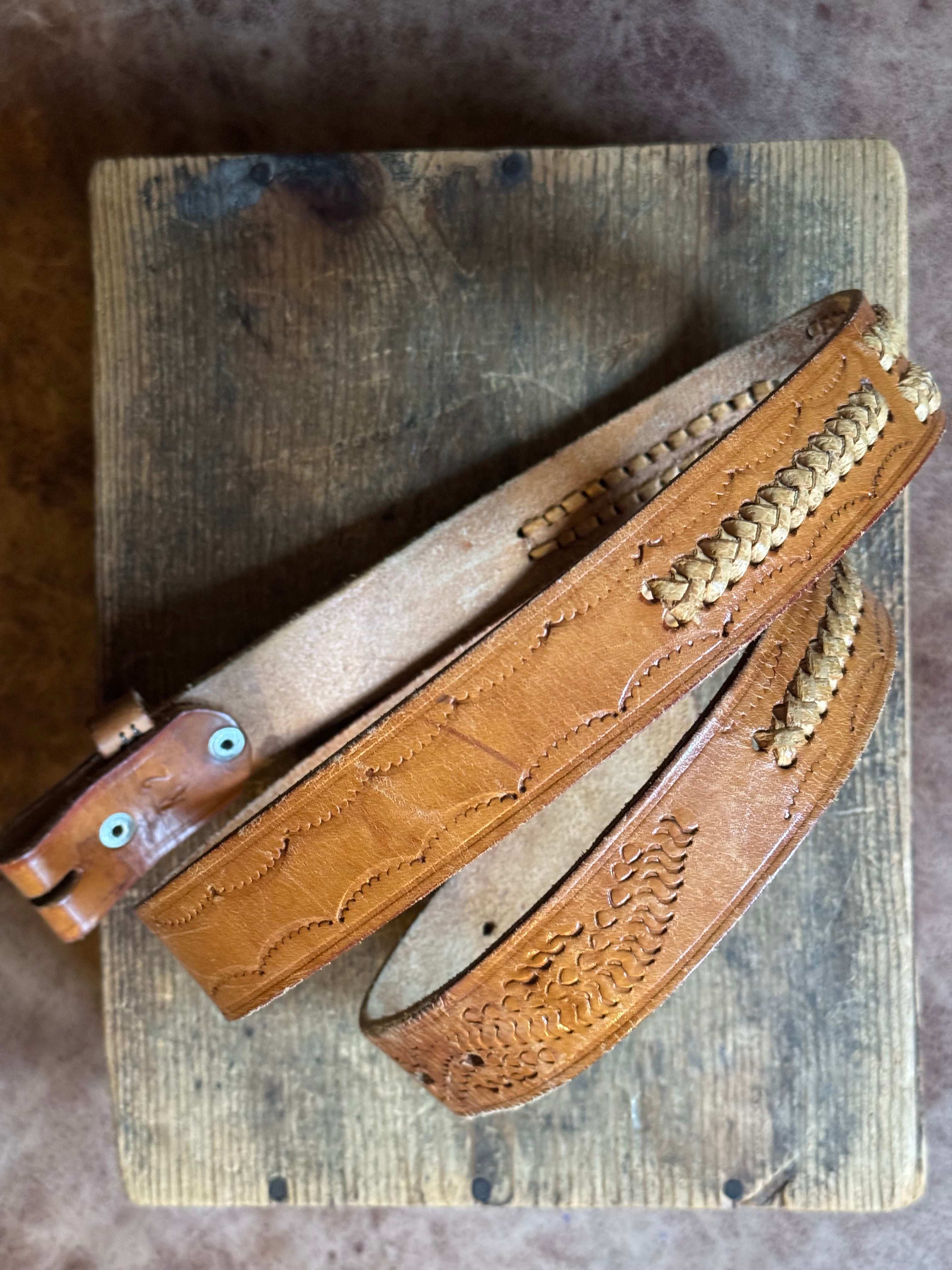 Vintage Stamped Laced Brown Leather Belt