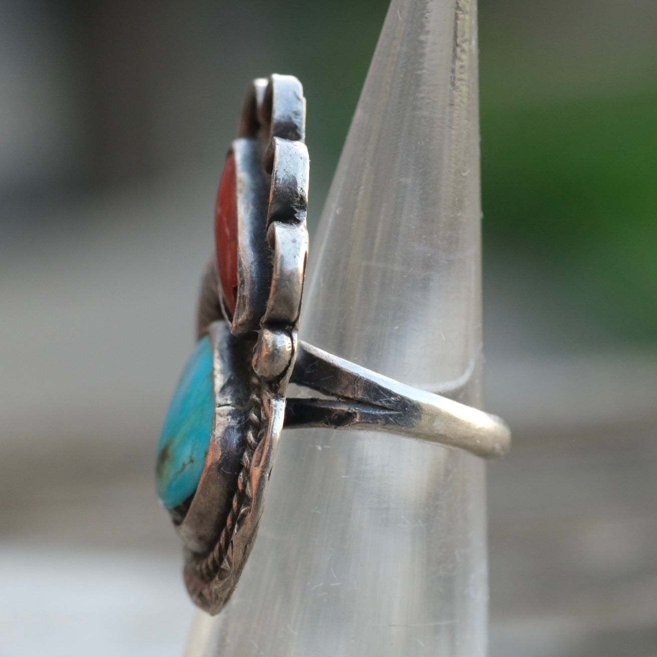 Vintage Sterling Turquoise and Coral Feather Ring 2.5