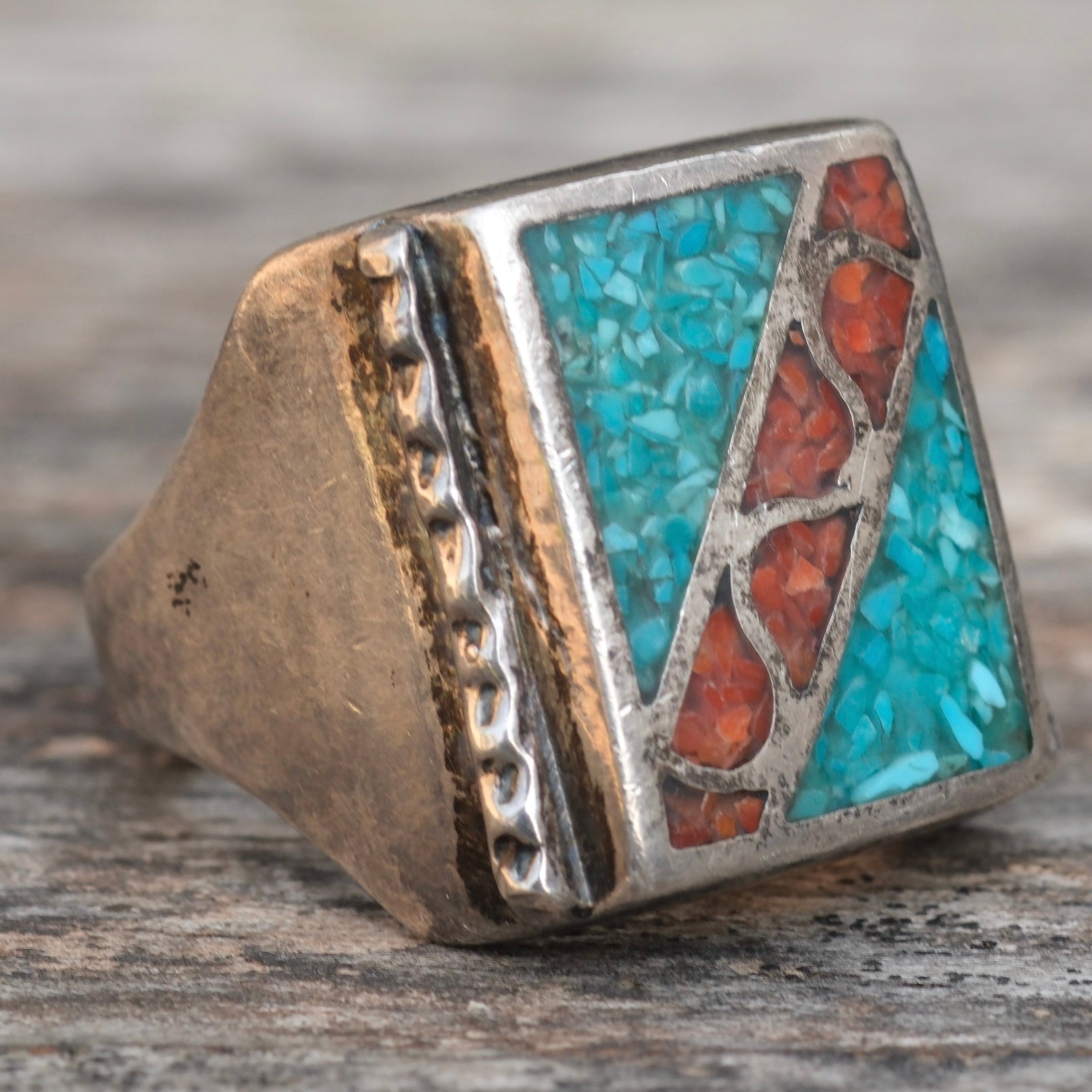 Vintage Sterling Turquoise and Coral Inlay Ring 12