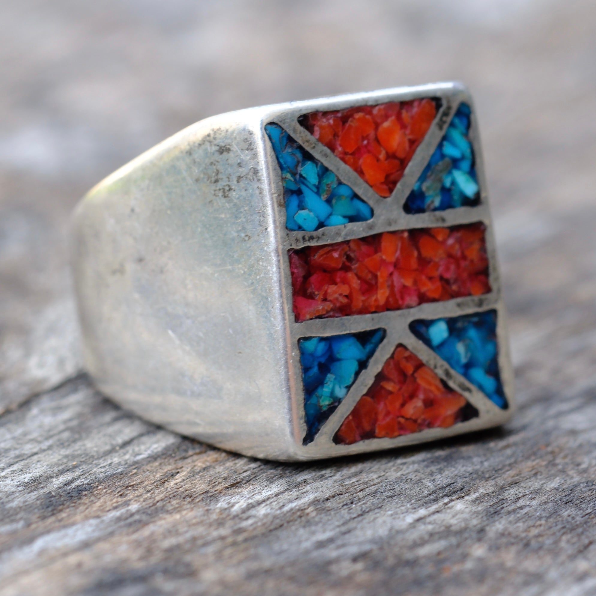 Vintage Sterling Turquoise and Coral Inlay Ring 9.5