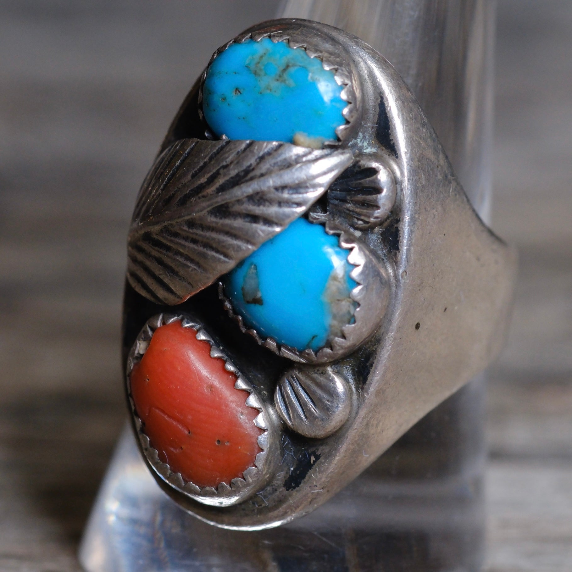 Vintage Sterling Turquoise and Coral Feather Ring 9.5