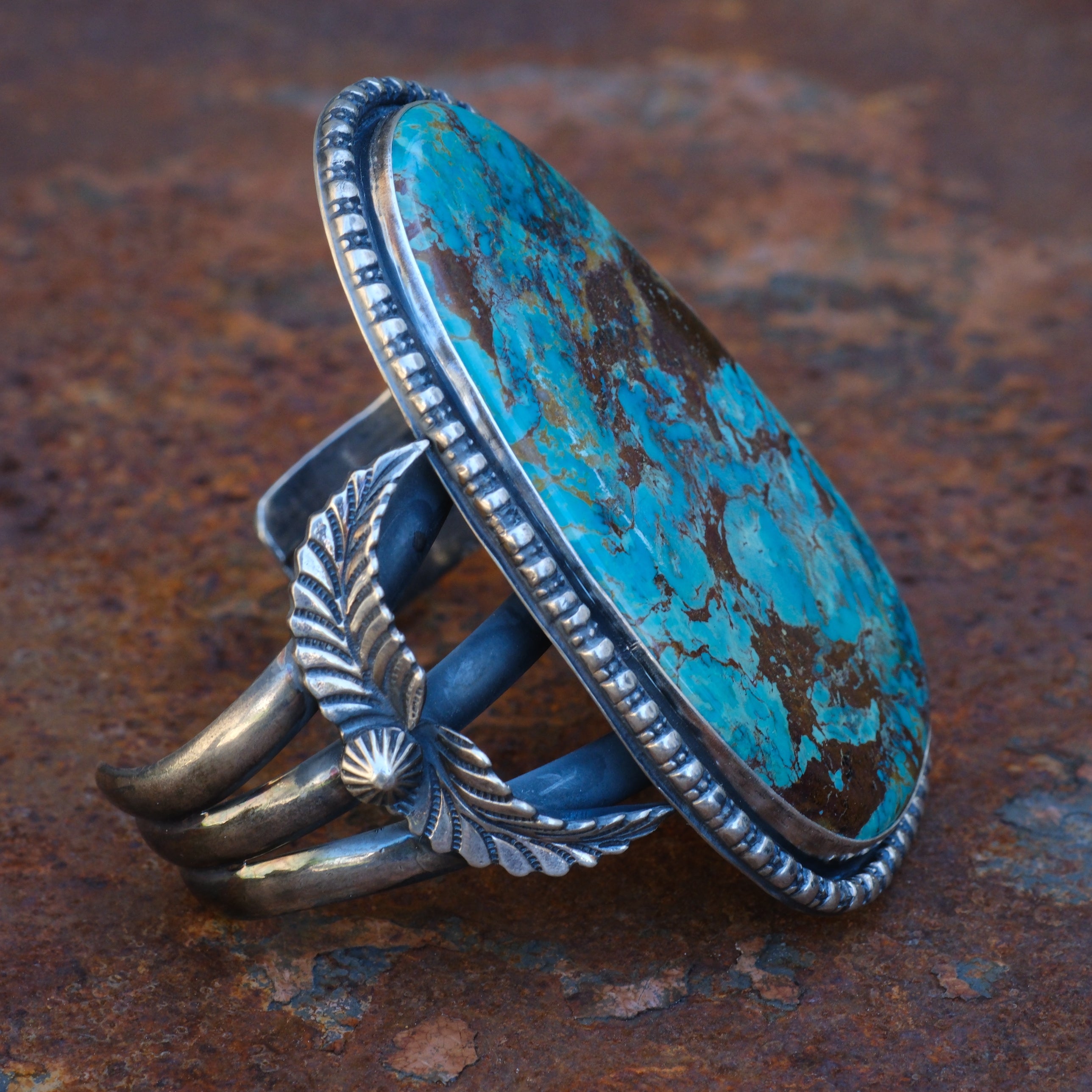 HUGE Vintage Sterling Turquoise Feather Cuff Bracelet