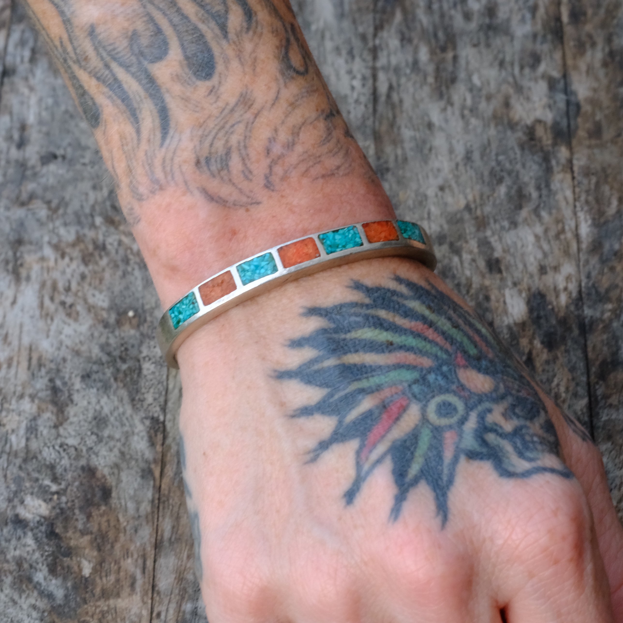 Vintage Sterling Crushed Turquoise and Coral Cuff Bracelet