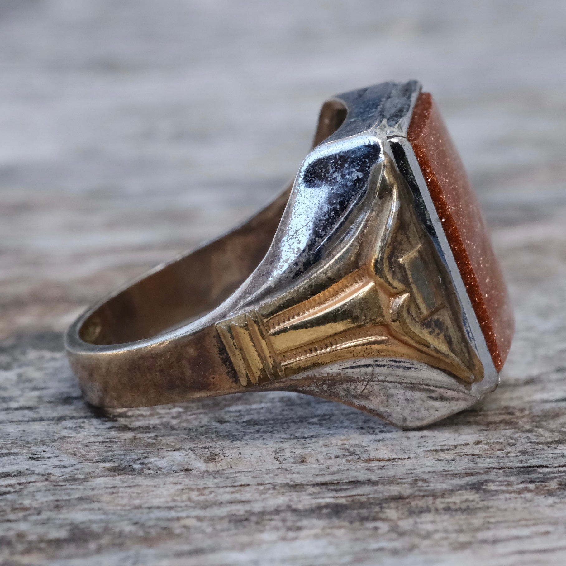 Vintage Sterling Goldstone Signet Ring 10.75