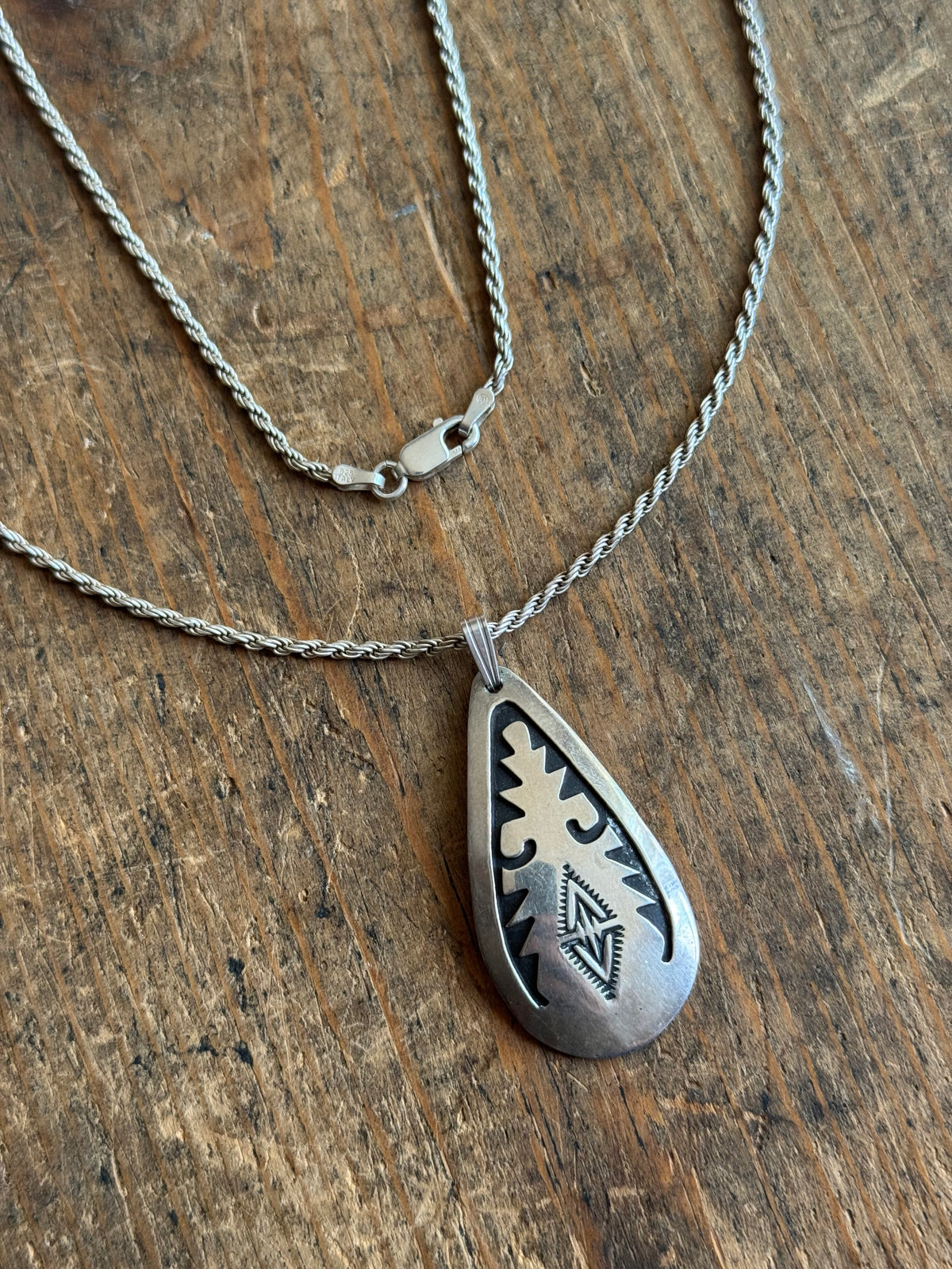 Vintage Sterling Silver Stamped Teardrop Tag Necklace