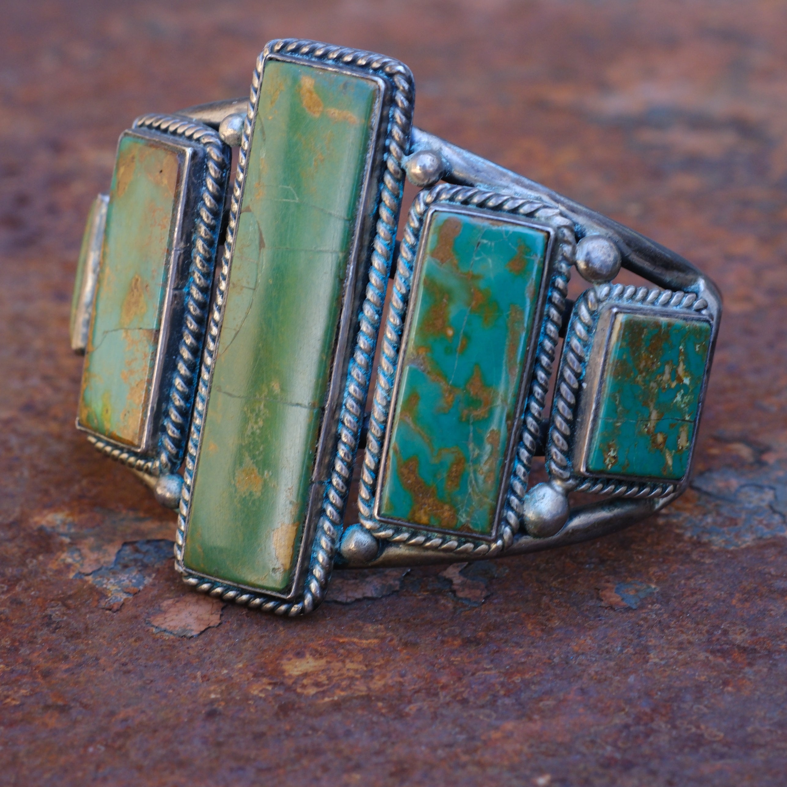 Massive Vintage Sterling 5-Stone Turquoise Roper Cuff Bracelet