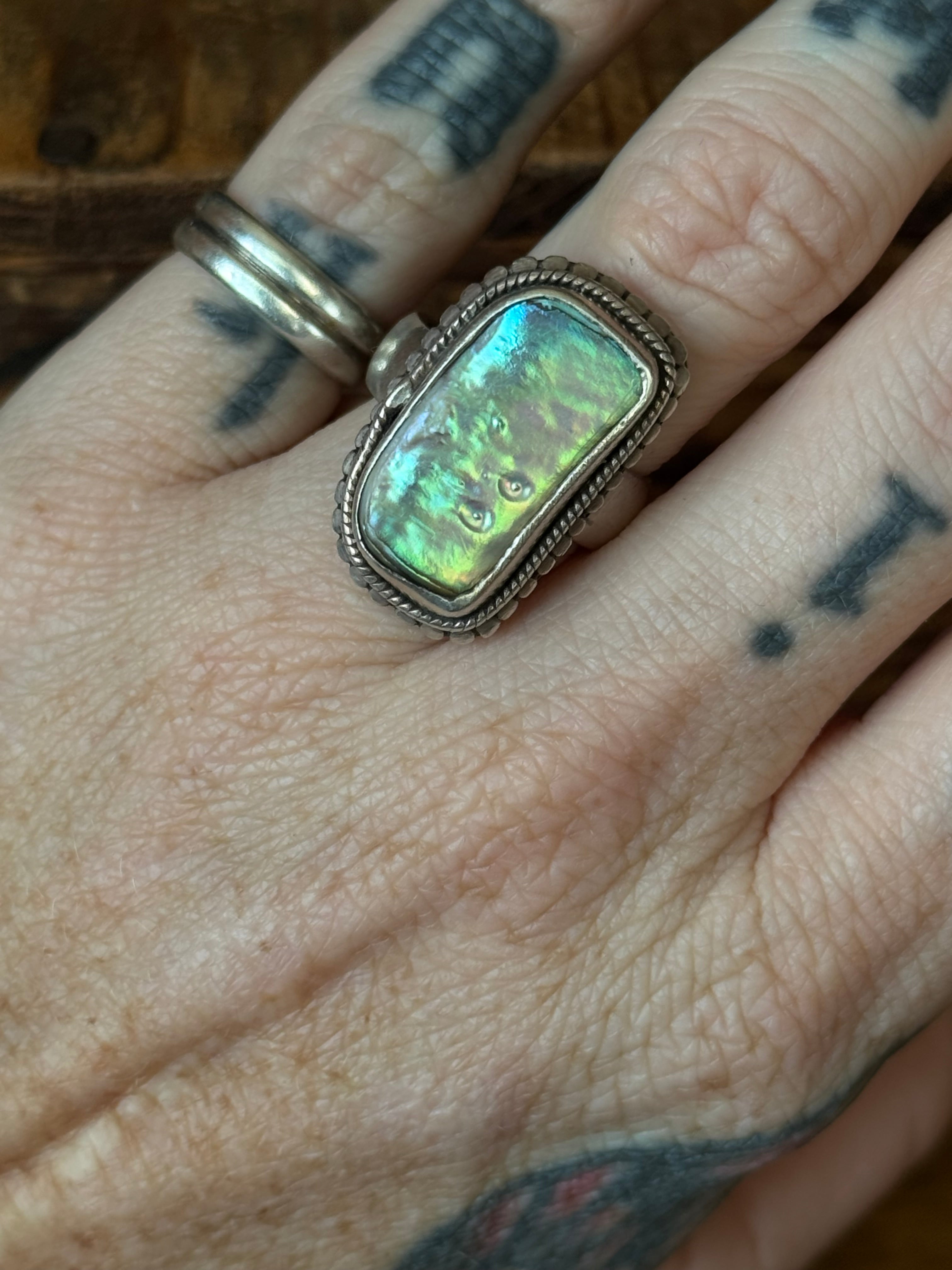 Vintage Sterling Silver Chunky Abalone Ring 6