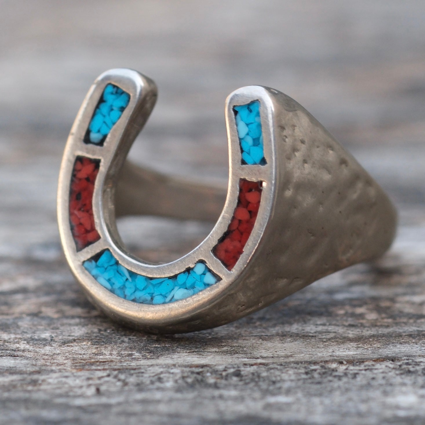 Vintage Sterling Silver Plated Turquoise and Coral Inlay Lucky Horseshoe Ring 8.5