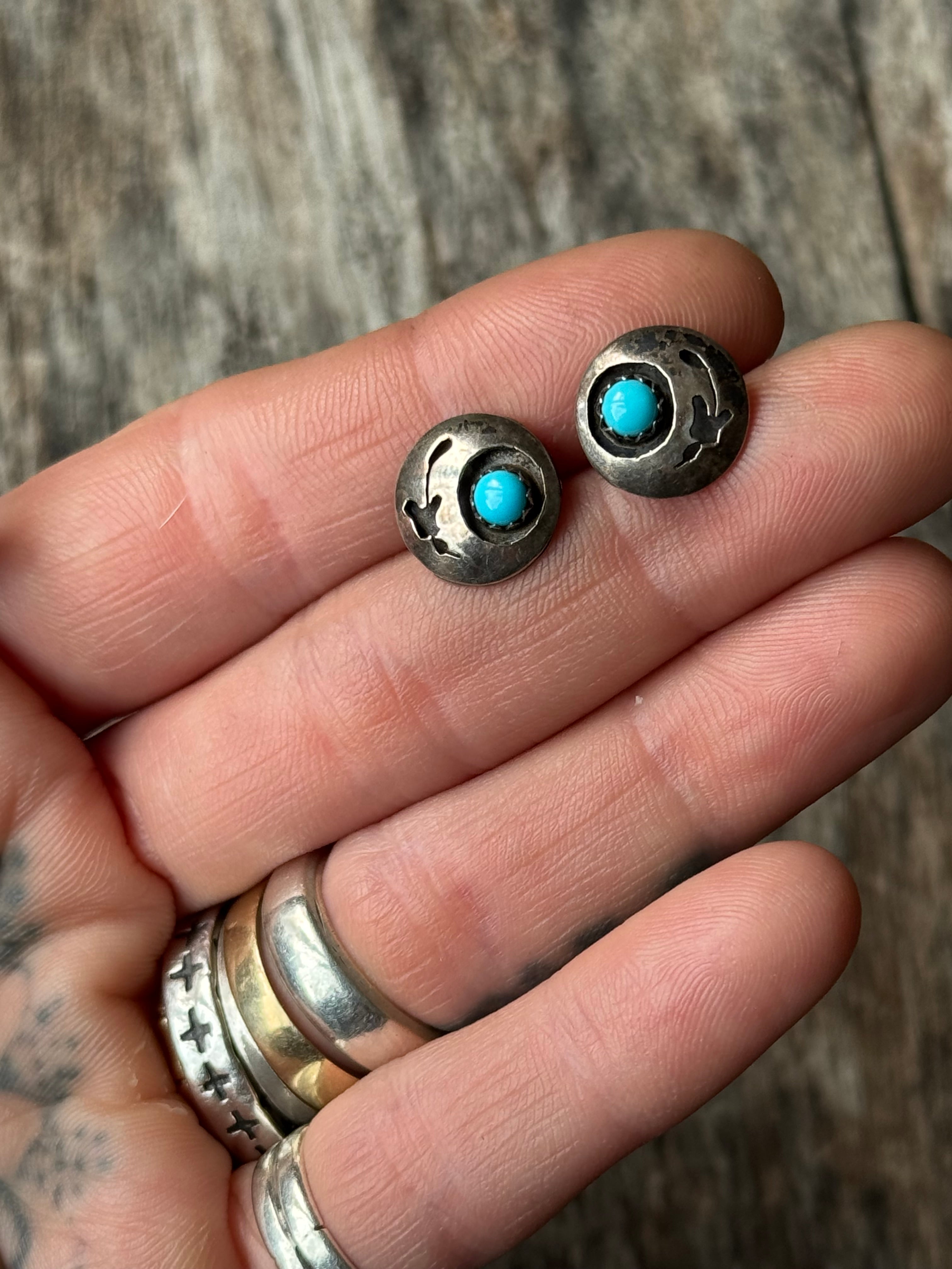 Vintage Sterling Silver Turquoise Peyote Bird Shadowbox Earrings