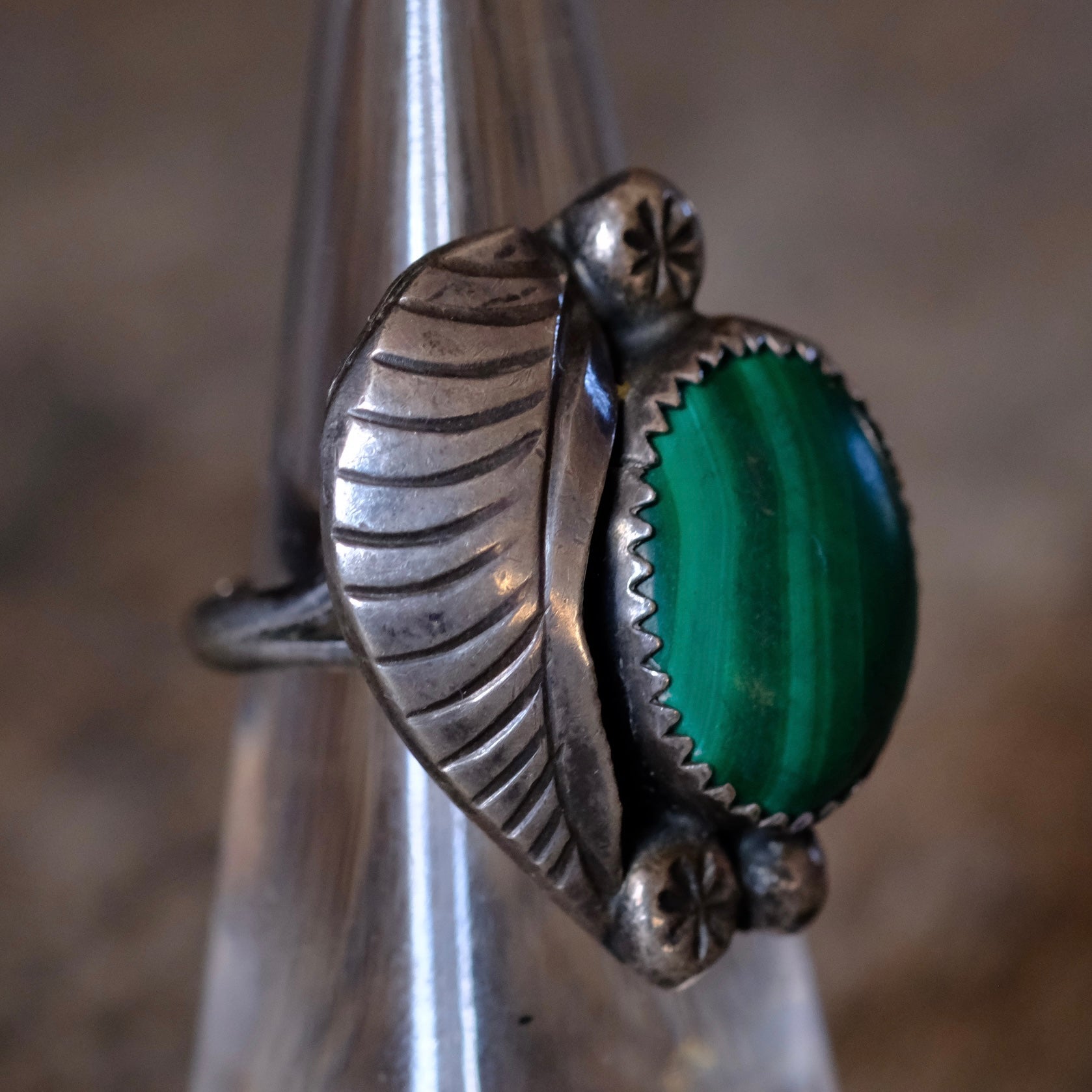 Vintage Sterling Malachite Feather Ring 5.5