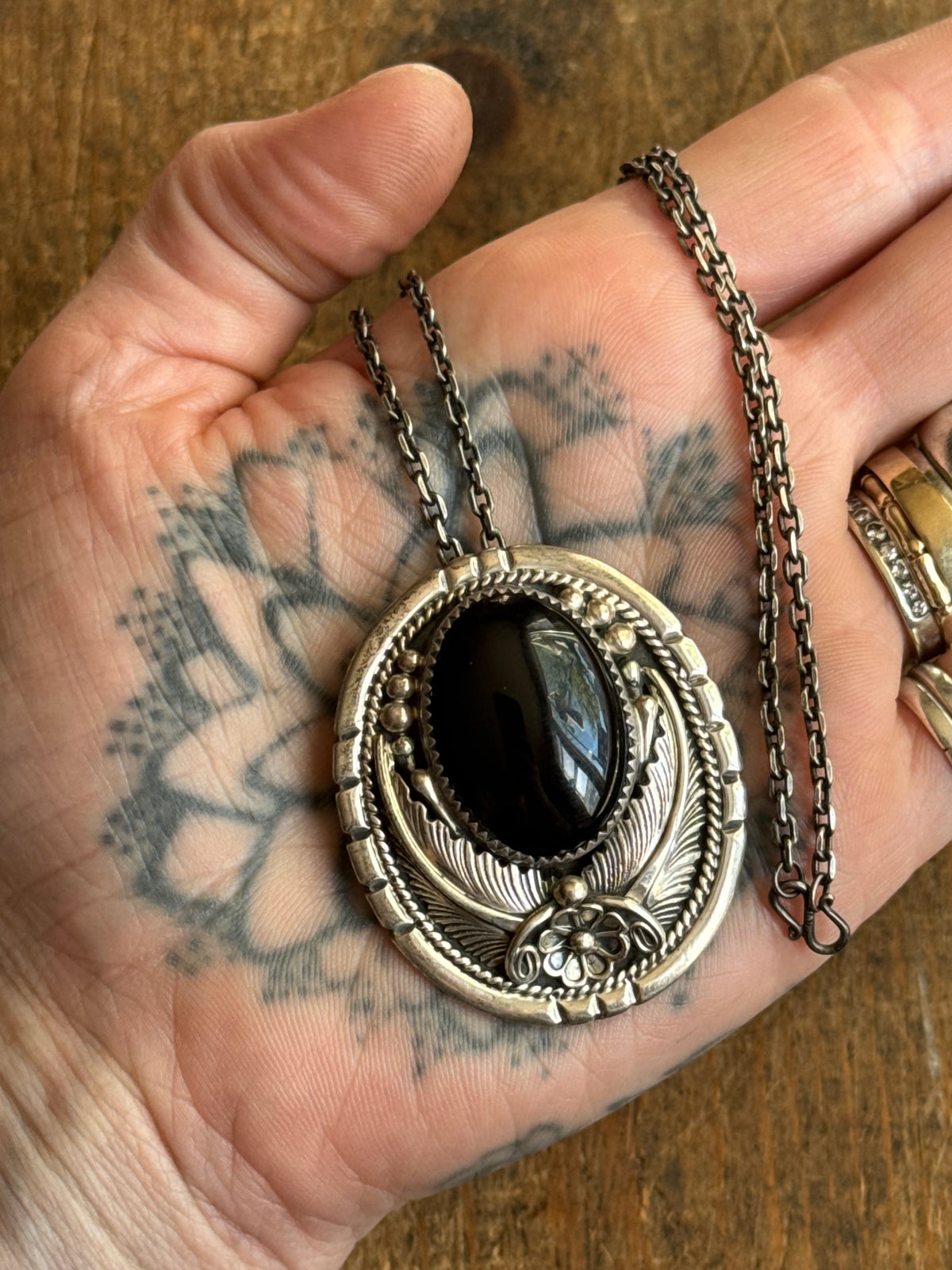 Vintage Sterling Silver Onyx Leaf Necklace