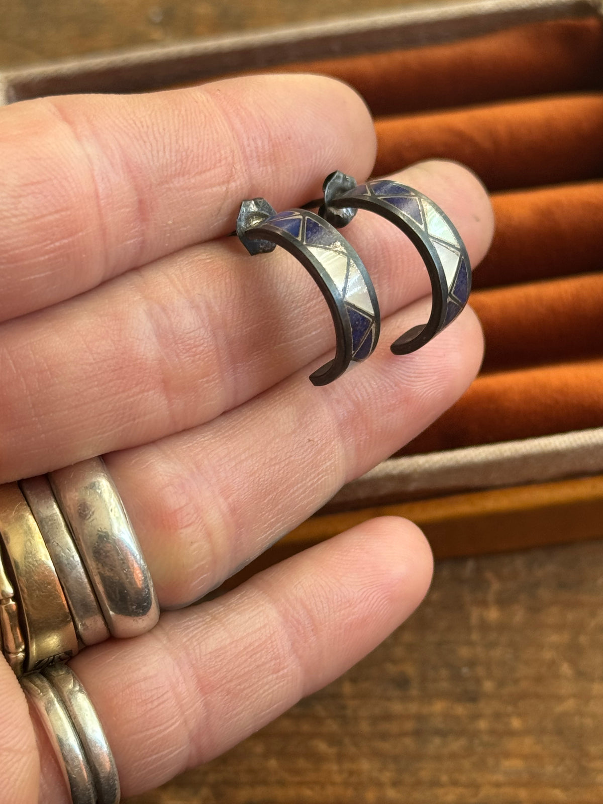 Vintage Sterling Silver Lapis & Mother Or Pearl Inlay Crescent Hoops