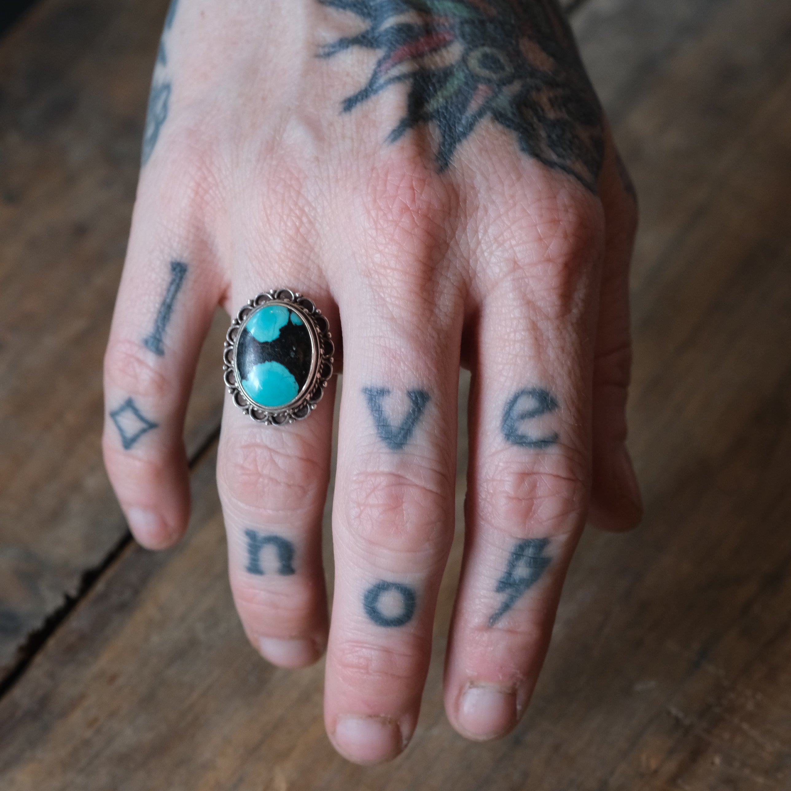 Vintage Sterling Turquoise Florette Ring 6.25