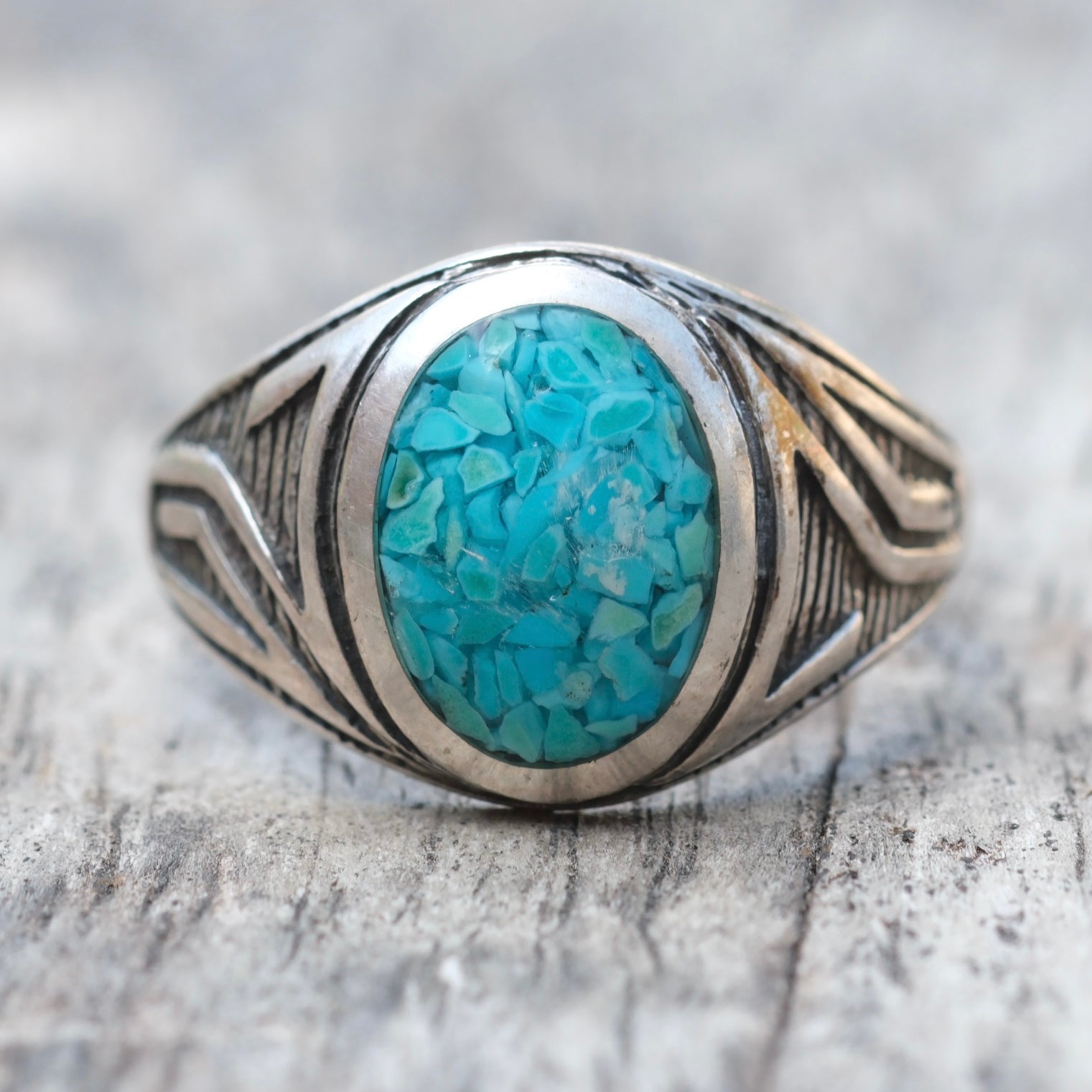 Vintage Sterling Crushed Turquoise Ring 10.75