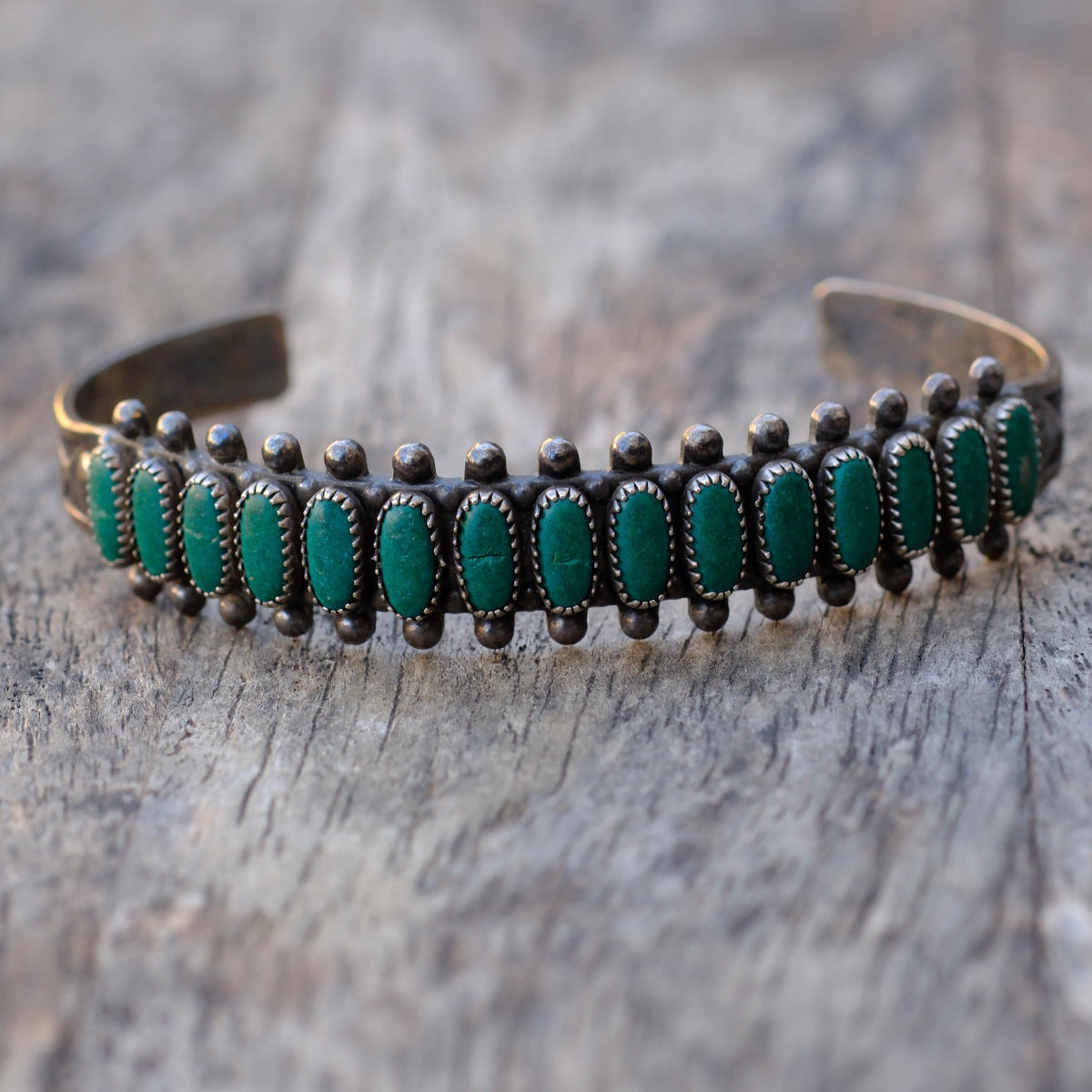 Vintage Sterling Turquoise Row Stamped Cuff Bracelet