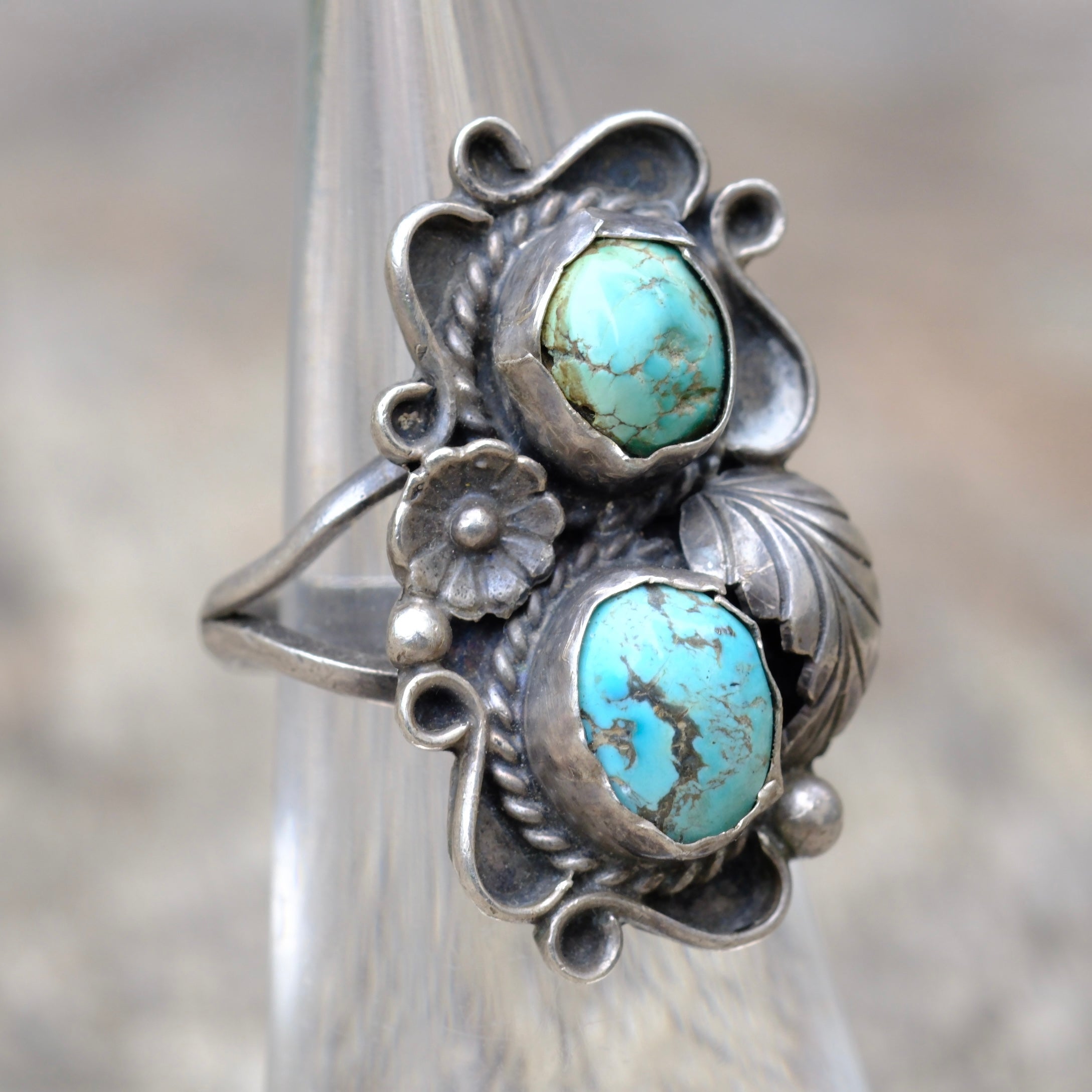 Vintage Sterling 2-Stone Turquoise Feather Ring 5.75