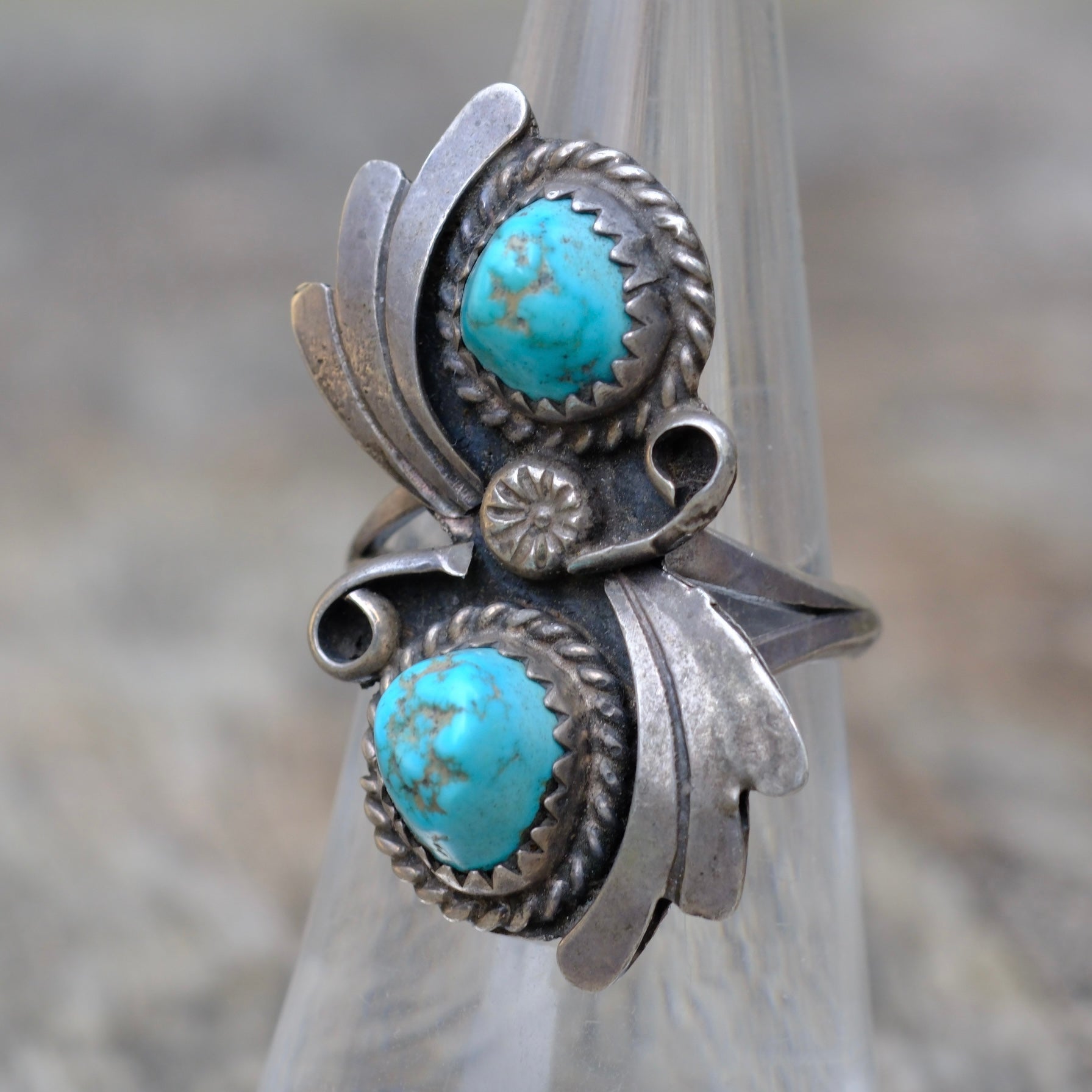 Vintage Sterling 2-Stone Turquoise Ring 6.25