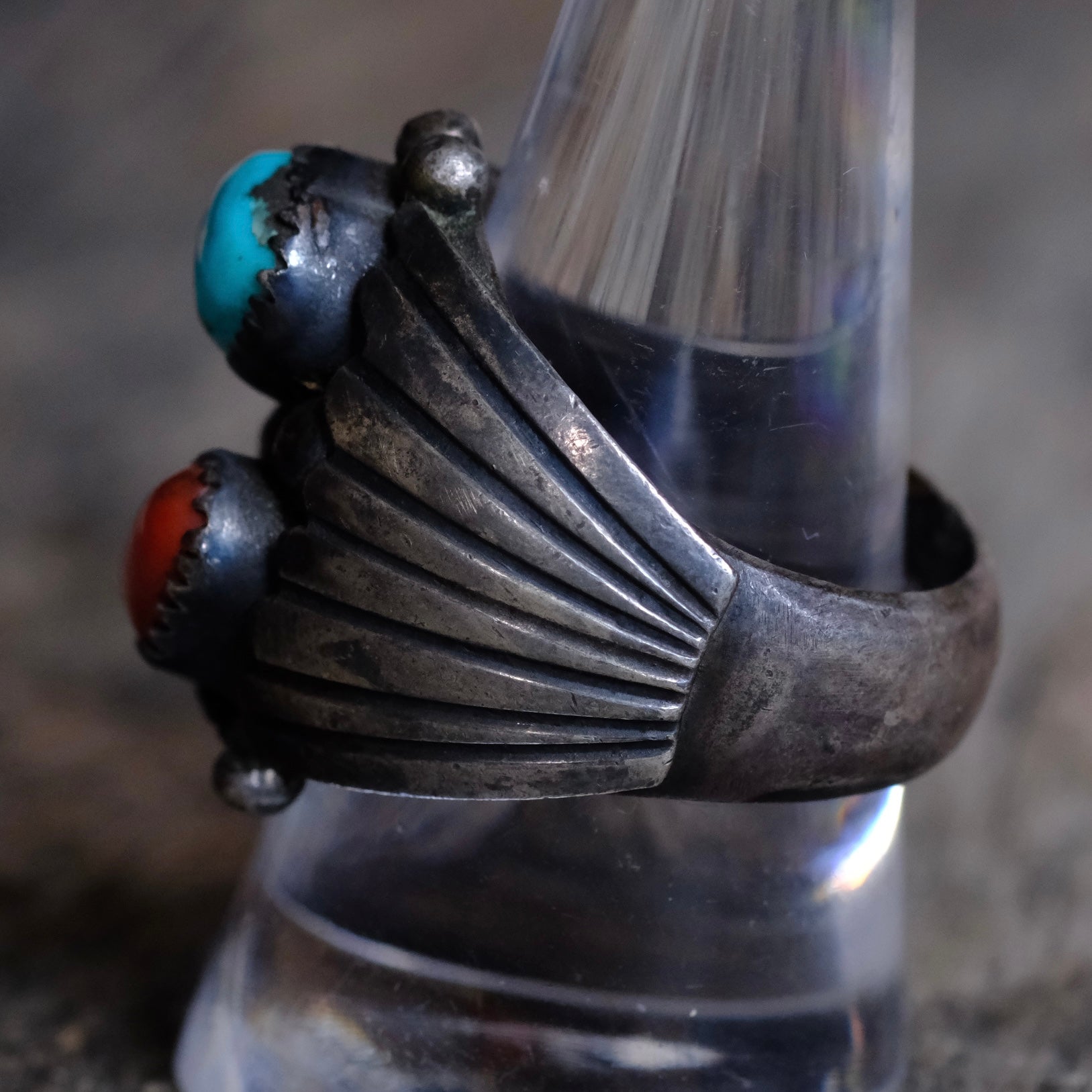 Vintage Sterling Turquoise and Coral Feather Ring 10